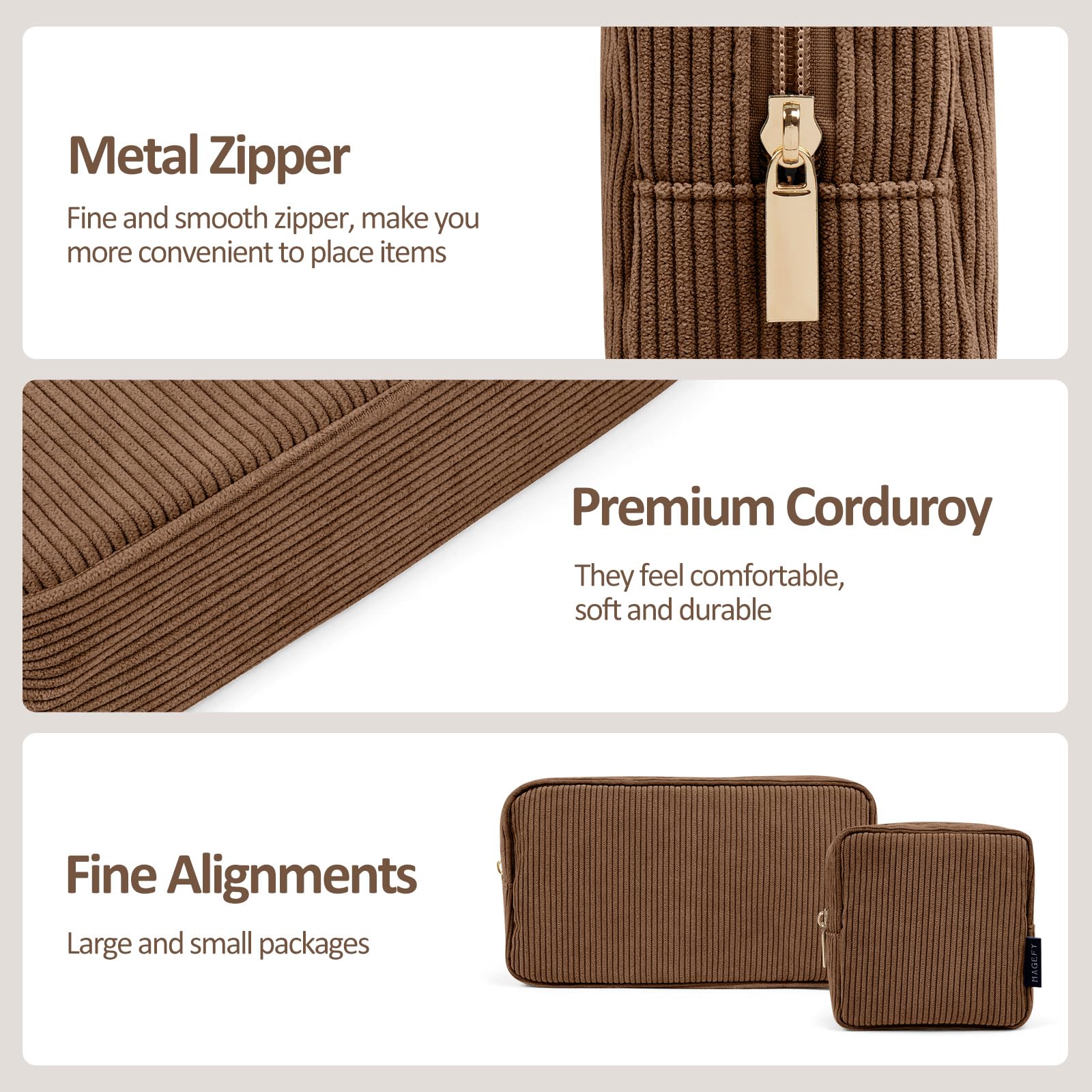 MAGEFY Makeup Bag 2 Pcs Small Cosmetic Bag for Handbag Corduroy Pouch with Compartments for Women Brown, Brown-2pcs - Image 3
