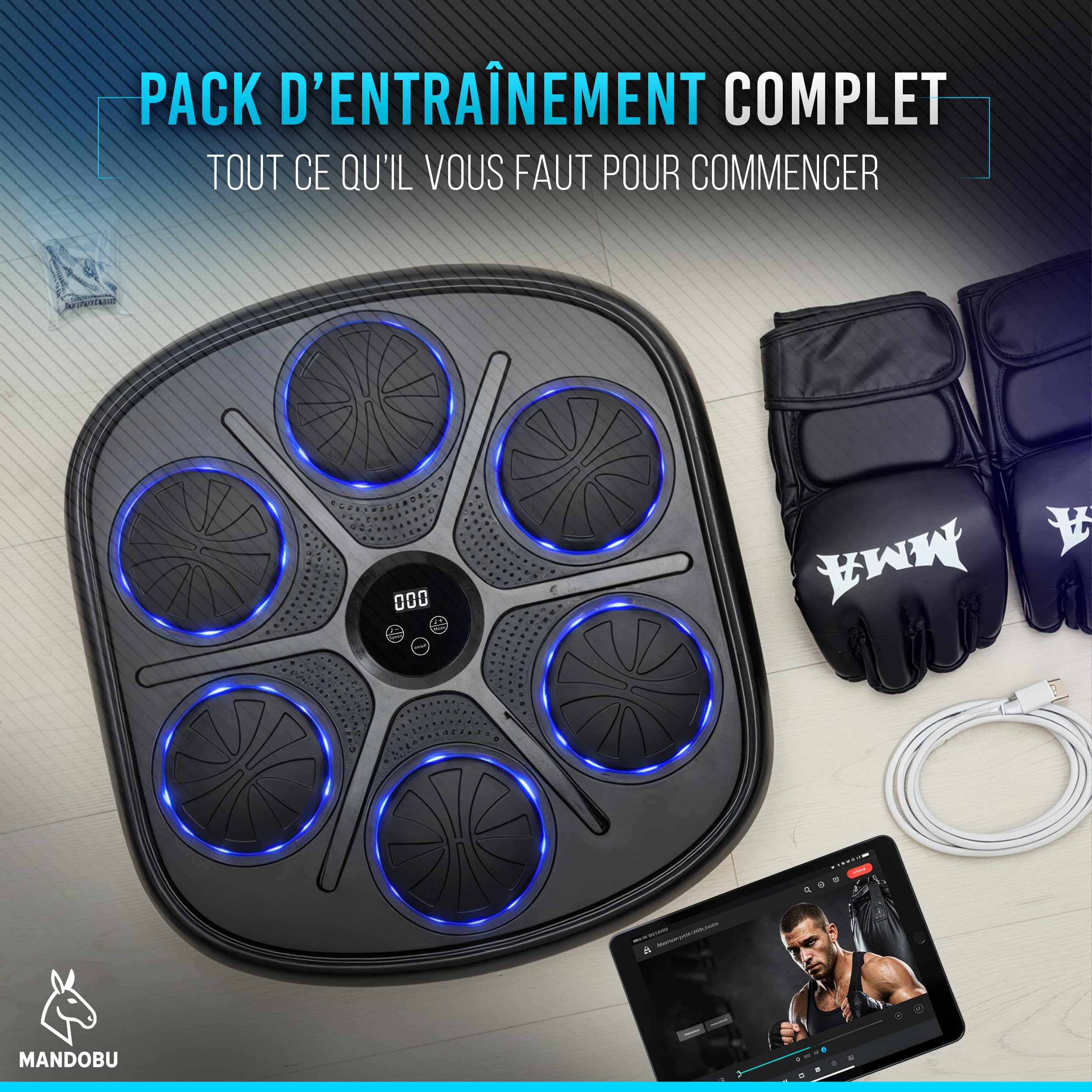 Machine de Boxe Musicale Bluetooth Adulte – Entraînement Réflexe et Cardio – Tutoriel MMA Inclus – 9 Modes & 9 Vitesses – Gants Inclus – Mandobu