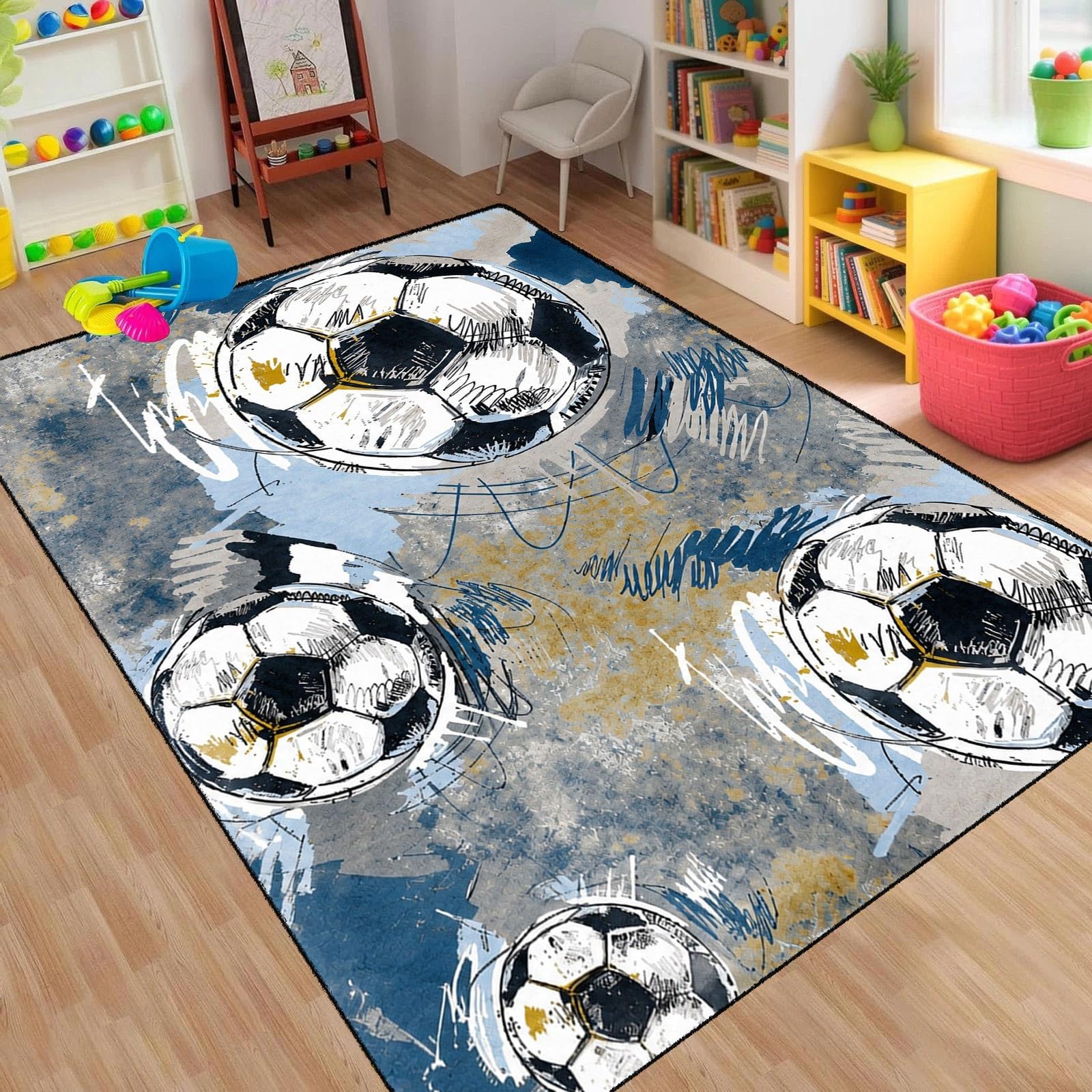 MUOUCTE Football Children's Area Rug Vintage Sketch Sports Carpet 140x200cm