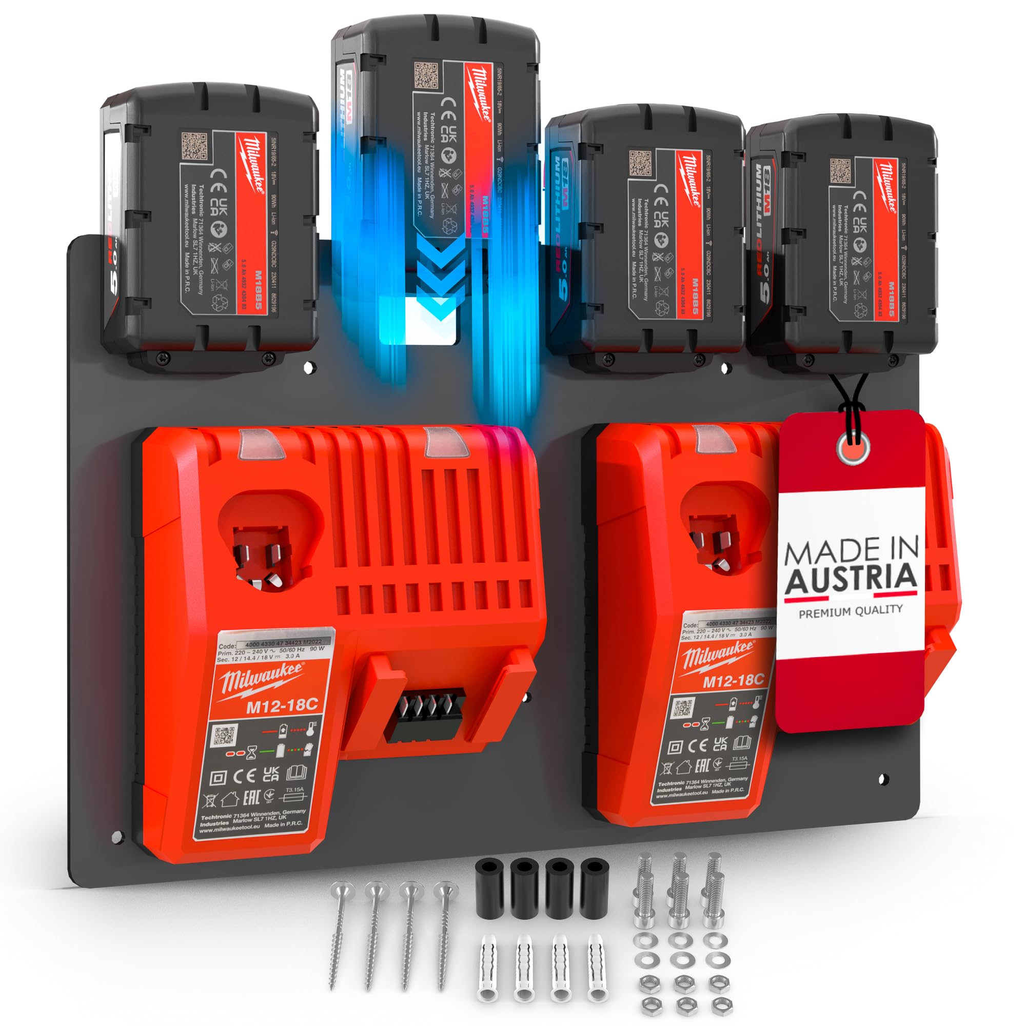 Wandfest® Supporto da parete per batterie e caricabatterie Milwaukee, con materiale di fissaggio, prodotto in Austria, supporto per batteria Milwaukee per 1-4 batterie | Ora più ordine in officina e