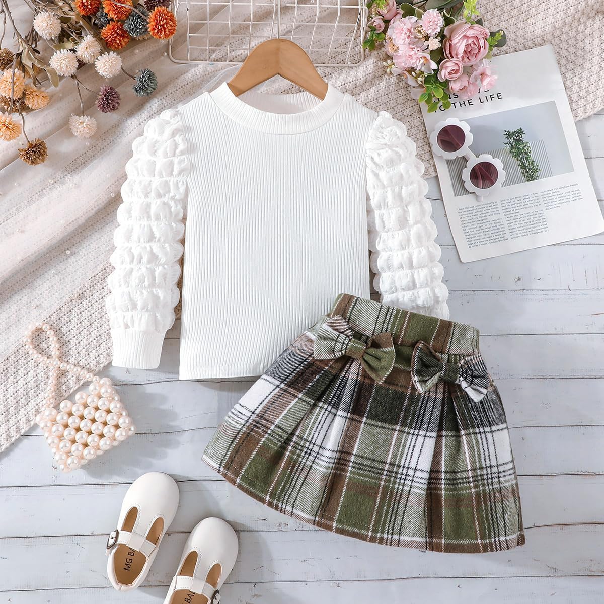 Noubeau Toddler Girls Plaid Outfits Girls Puff Sleeve Knit Ribbed Shirt Tops Plaid Skirt Set Kids Fall Winter Clothes - Image 2