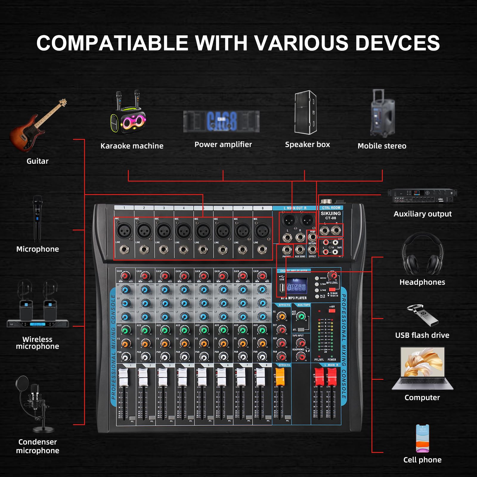 8-K-Audio-Mixer, Soundboard-Mixer, 16 DSP-Effekt-Audio-Interfacer mit USB-Laufwerk für Computeraufnahmen, 48 V Leistung, XLR-Mikrofonanschluss, DJ-Mixer für