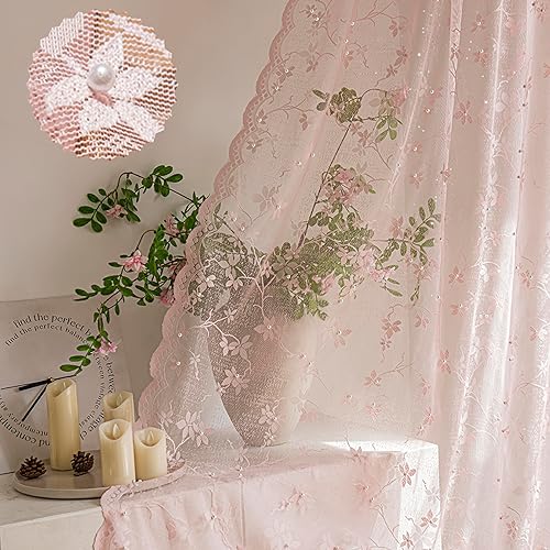 Cortinas de encaje rosa Paneles de encaje transparente con bordes festoneados y decoración de perlas, diseño floral para sala de estar, dormitorio