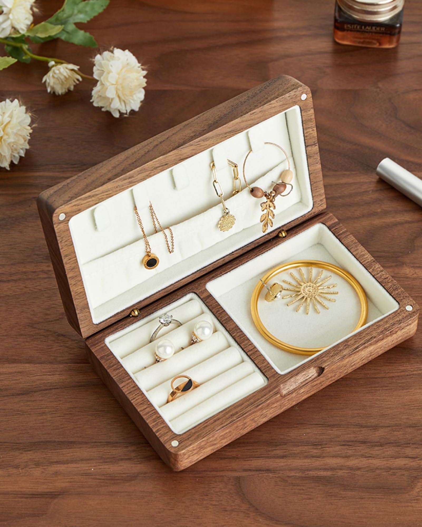 Small Wooden Jewelry Box Vintage Delicate Walnut Wood Jewelry Case Ideal Gift for Man Women Protable Travel Jewelry