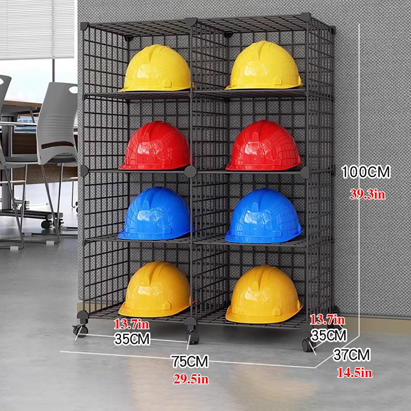 Casco Obra Cajas de Almacenamiento Apilables para Cascos de Seguridad con Estantes Ajustables, Estante de Colocación de Cascos de Seguridad Móvil con Ruedas, Estante de Exhibición de Cascos(Black,75x3
