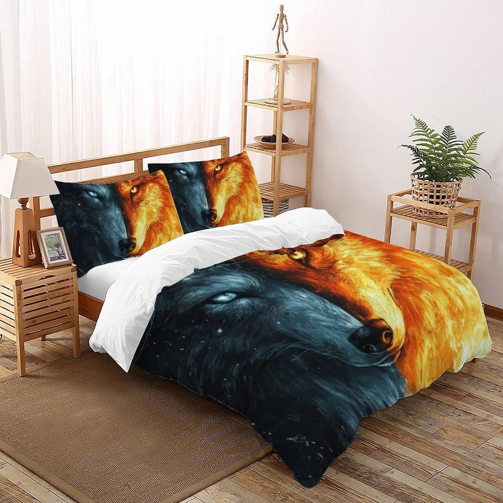 Housse de couette loup motif glace et feu imprimé 3D vibrant parure de lit garçon super king