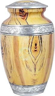 Hind Handicrafts Floral Silver Engraved Cremation Urn for Human Ashes Adult - Handcrafted Funeral Memorial Ashes Urn - Large Columbarium Urn - Bag Included (Yellow Wood)