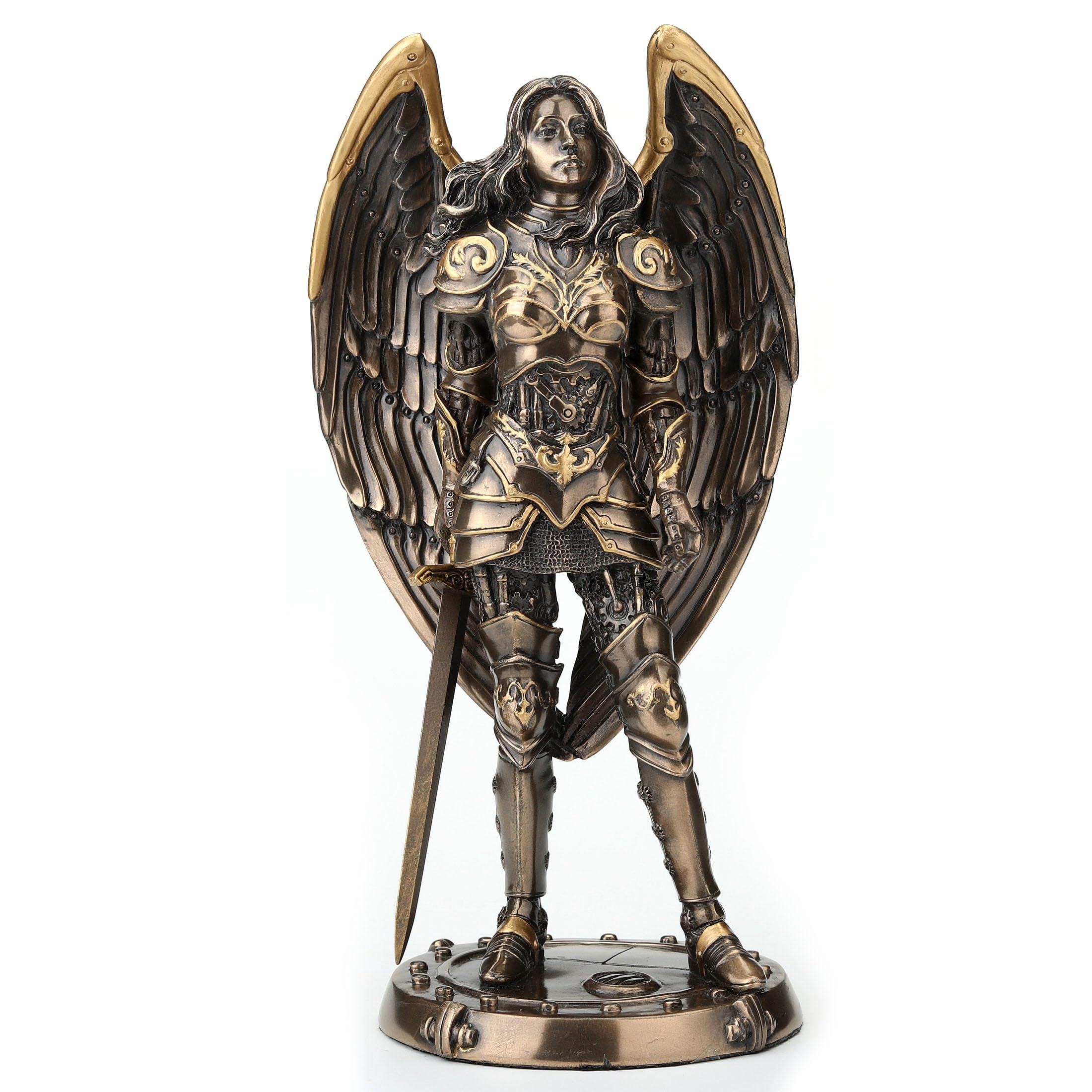 9 5/8 Inch Tall Steampunk Armored Female Angelic Knight Cold Cast Bronzed Resin Sculpture Fantasy Collectible Figurine