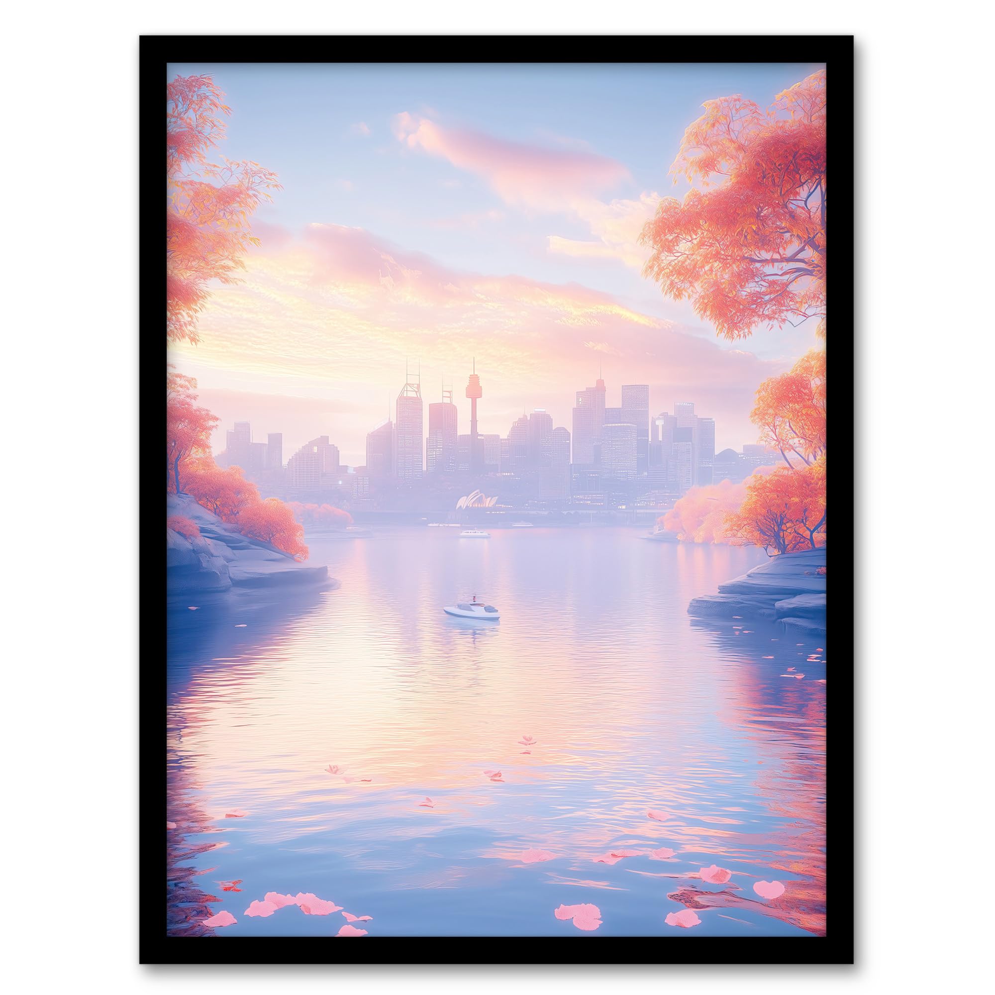 Artery8 Dreamy Autumn Sunrise Japanese Coastal Cityscape Living Room Artwork Framed Wall Art Print 18X24 Inch