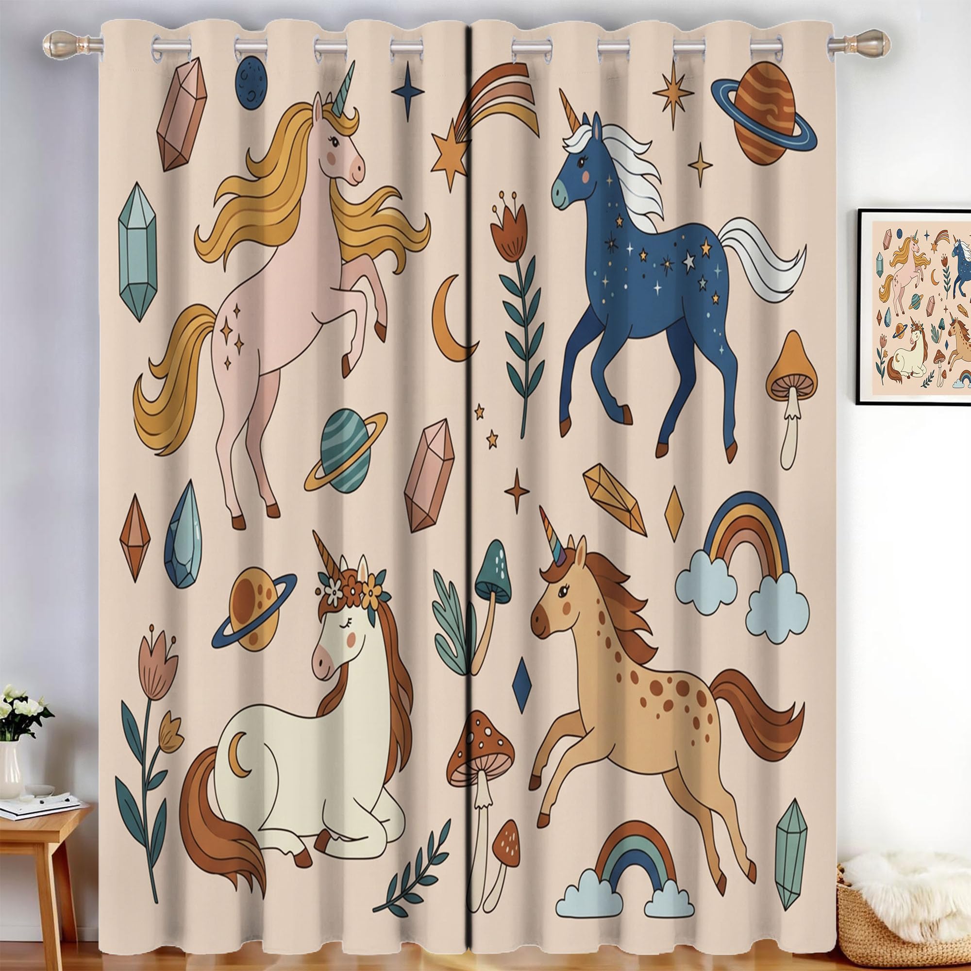 Style Dessin Animé Rideau Occultant - Licorne Rideau Thermique, Beige Marron Rideaux Chambre Salon Fenetre, Rideaux Draperies Intérieurs À Oeillets, L70×H160Cm (2 Panneaux)