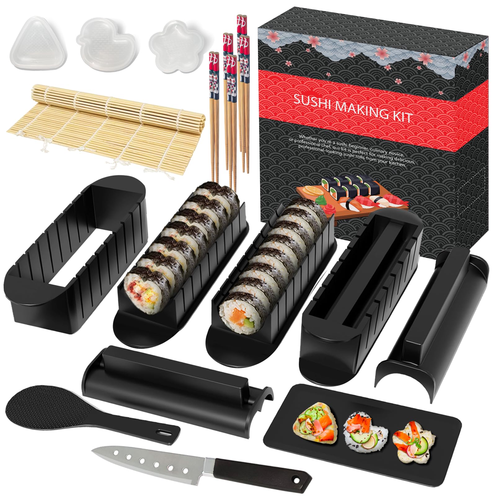 HI NINGER Sushi Maker Kit Completo, 20 Pezzi Set per adatto ai principianti da preparare da soli, con stampo per polpette di riso, coltello, tappetino, bacchette, bset completo Piatti da sushi(Nero)