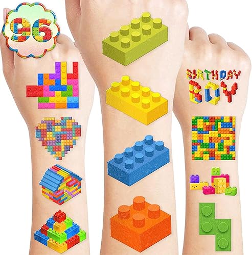 Miniatura 1 de 96 tatuajes temporales precortados de bloques de construcción, bonitos recuerdos de fiesta para niños, niños y niñas, suministros para fiestas de