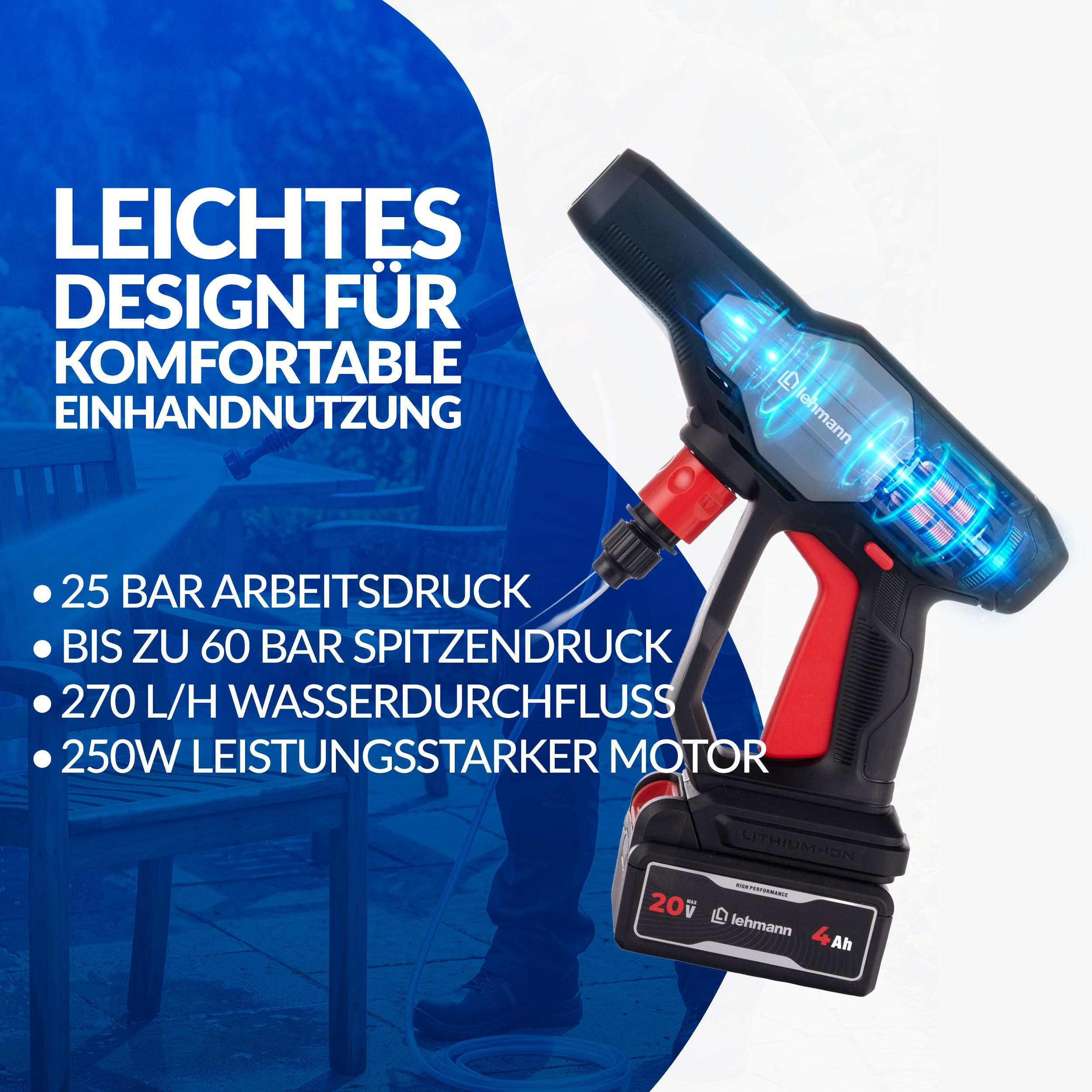 LEHMANN Stream Akku Hochdruckreiniger 20V Max mit 4Ah Akku – Kabelloser Druckreiniger mit 5-in-1 Düse, 6m Schlauch & Schaumsprüher für Auto, Fahrrad & Terrasse