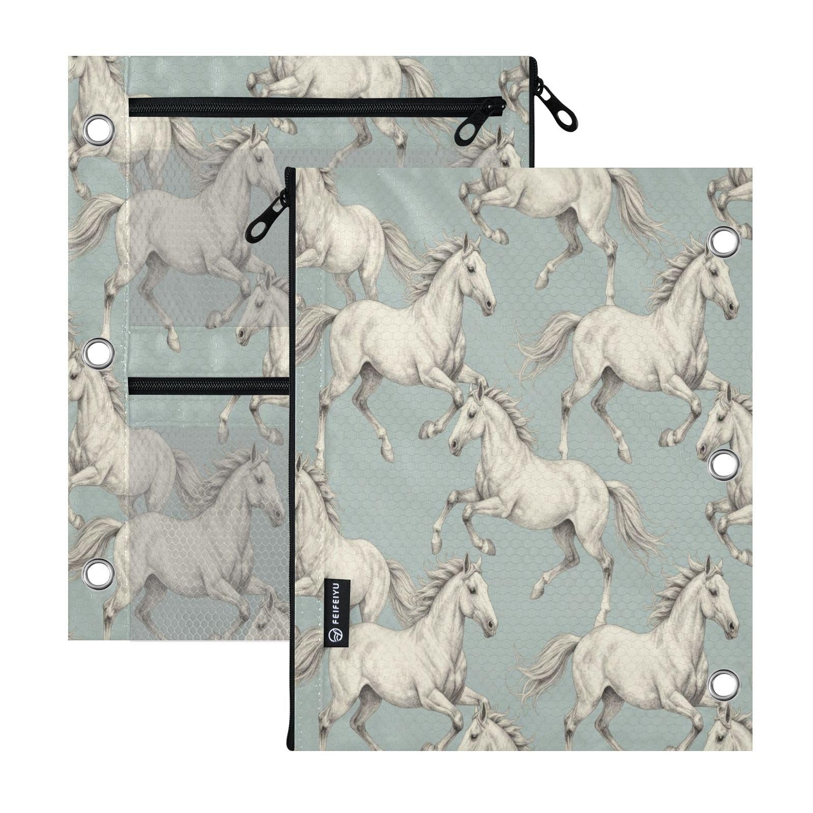 miaozhen 3 Ringing Binder folders 2 PCS Vintage Horse Sketches Light Blue