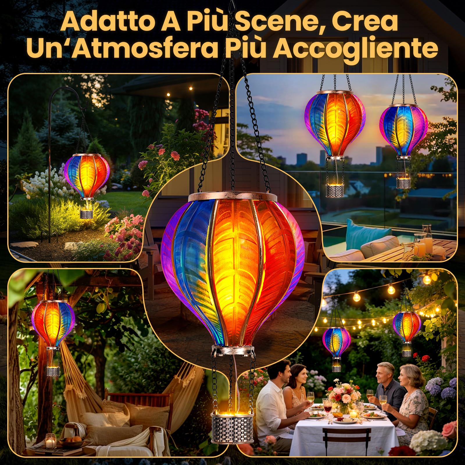 JONRRYIN 2PCS Lanterna Solare da Esterno, Extra Grande 46,5x13,8 cm Mongolfiera Solare, Luci Solari da Giardino con Effetto Fiamma da Appendere per Terrazza, Balcone e Giardino