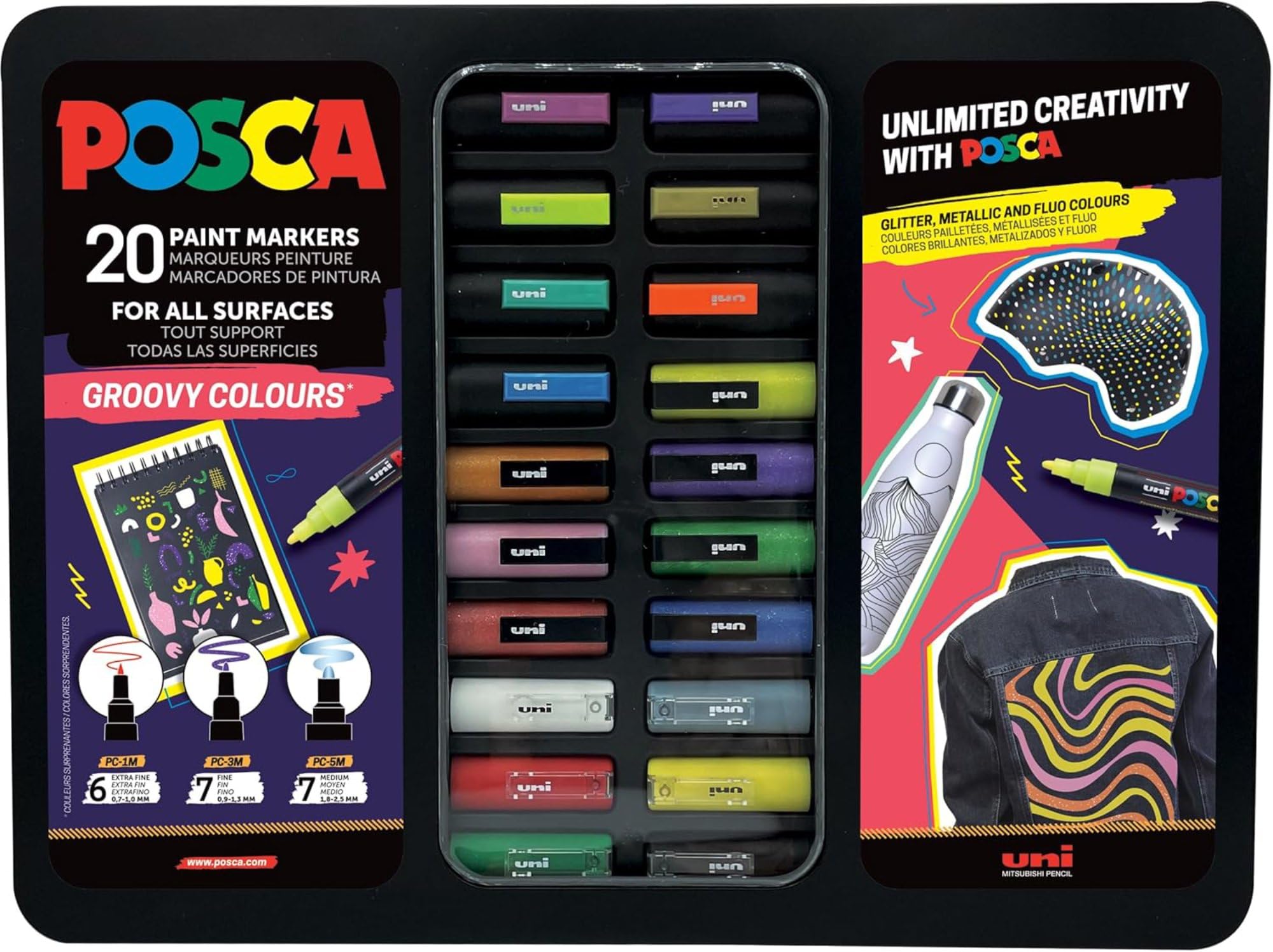 Posca Uni-Ball 186831 - Juego de 20 rotuladores acrílicos en estuche, juego de marcadores de colores Groovy, punta PWE5M 1,8-2,5 mm