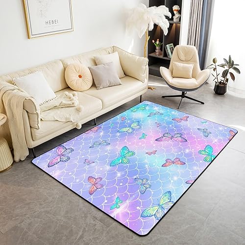 Alfombras de mariposa para sala de estar, dormitorio, con estampado de mariposas, alfombra de sirena de 5 x 7 pies, alfombra decorativa para niños,