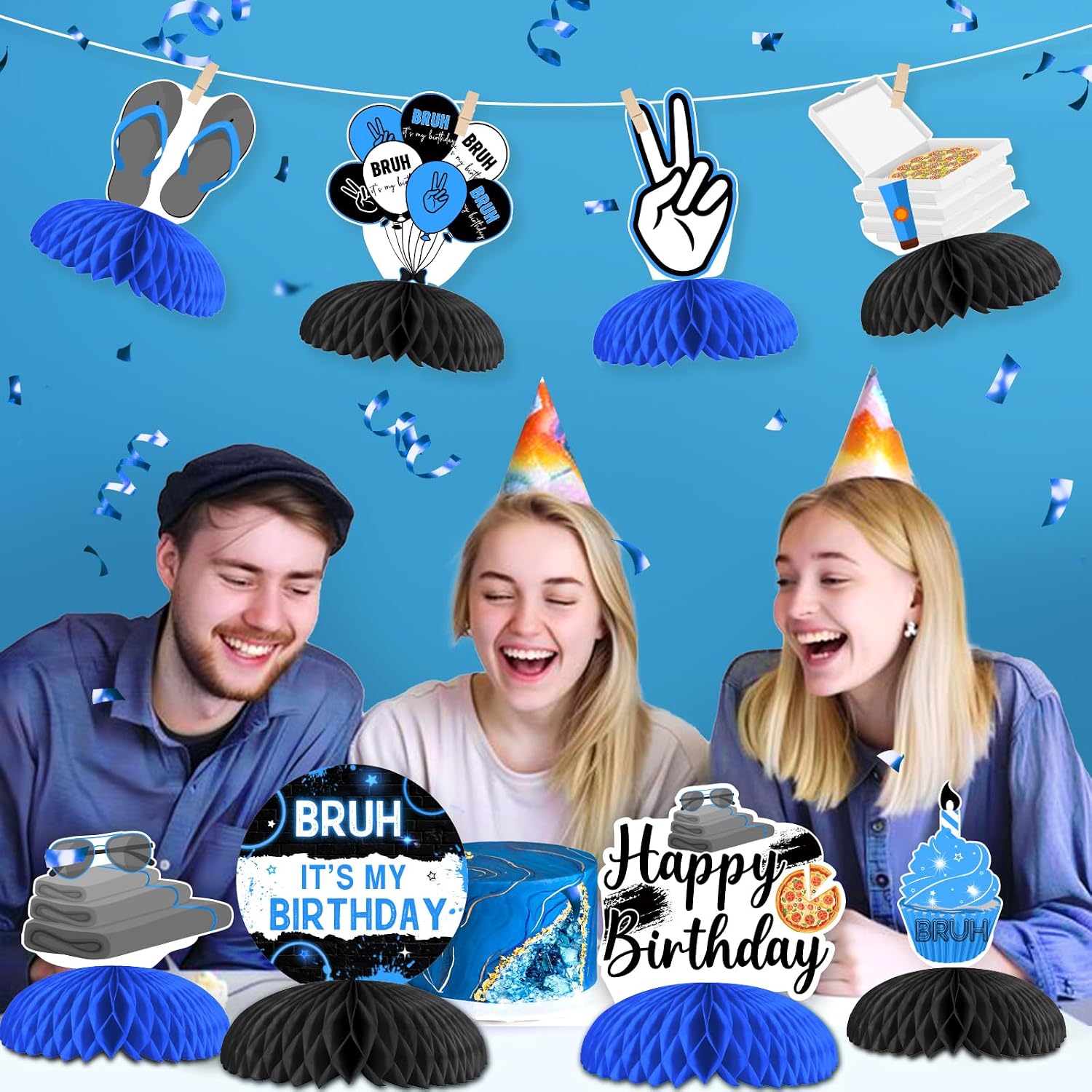 8Pcs Bruh Its My Birthday Honeycomb Centerpieces Blue Black, Preteen and Teens Birthday Decorations, Funny Bruh Teenager Birthday Party Table Decor Supplies