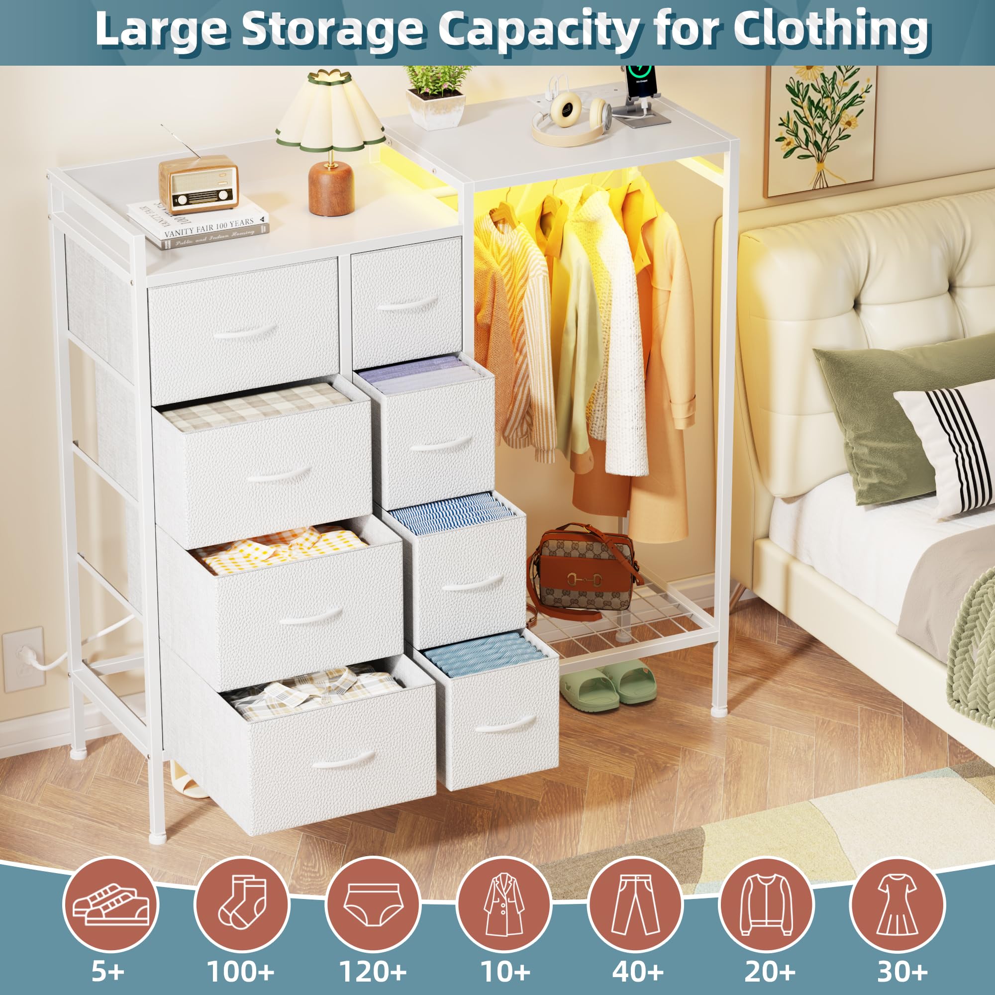 Cómoda de 8 cajones con estante para colgar, cómoda con estación de carga y luces LED, cómoda para niños con zapatero para almacenamiento de ropa, cómoda con parte superior de madera para 3