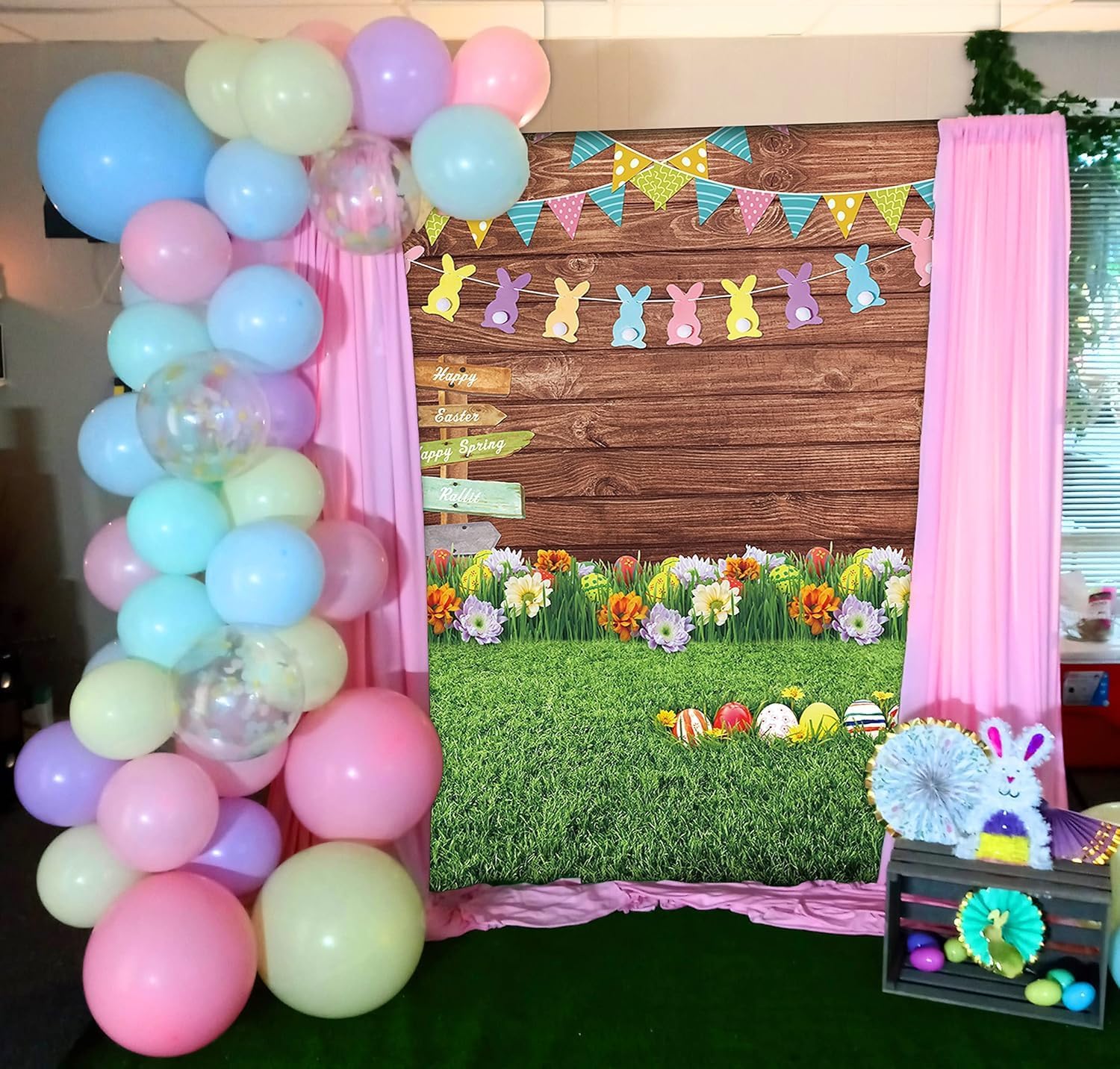 Easter Photography Backdrop Spring Eggs Signpost Wooden Wall Flowers and Grass Photo Background Newborn Party Decoration Banner Studio Props (5x7FT)