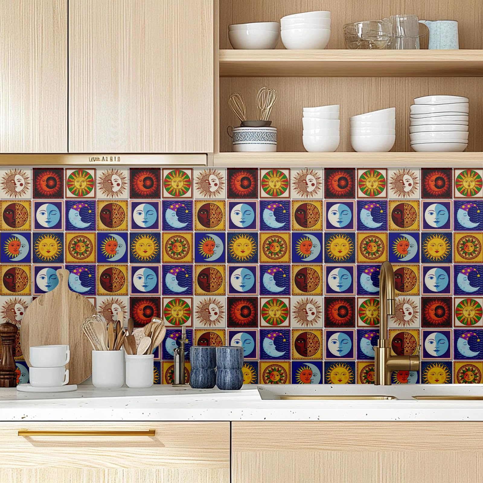 CHGCRAFT 36 Pcs 9 Style Retro Sun and Moon Patten Tile Sticker Ethnic Totem Shapes Wall Tile Stickers Waterproof Self Adhesive Stick on Decals for Kitchen Bathroom Wall Art 4×4 Inch