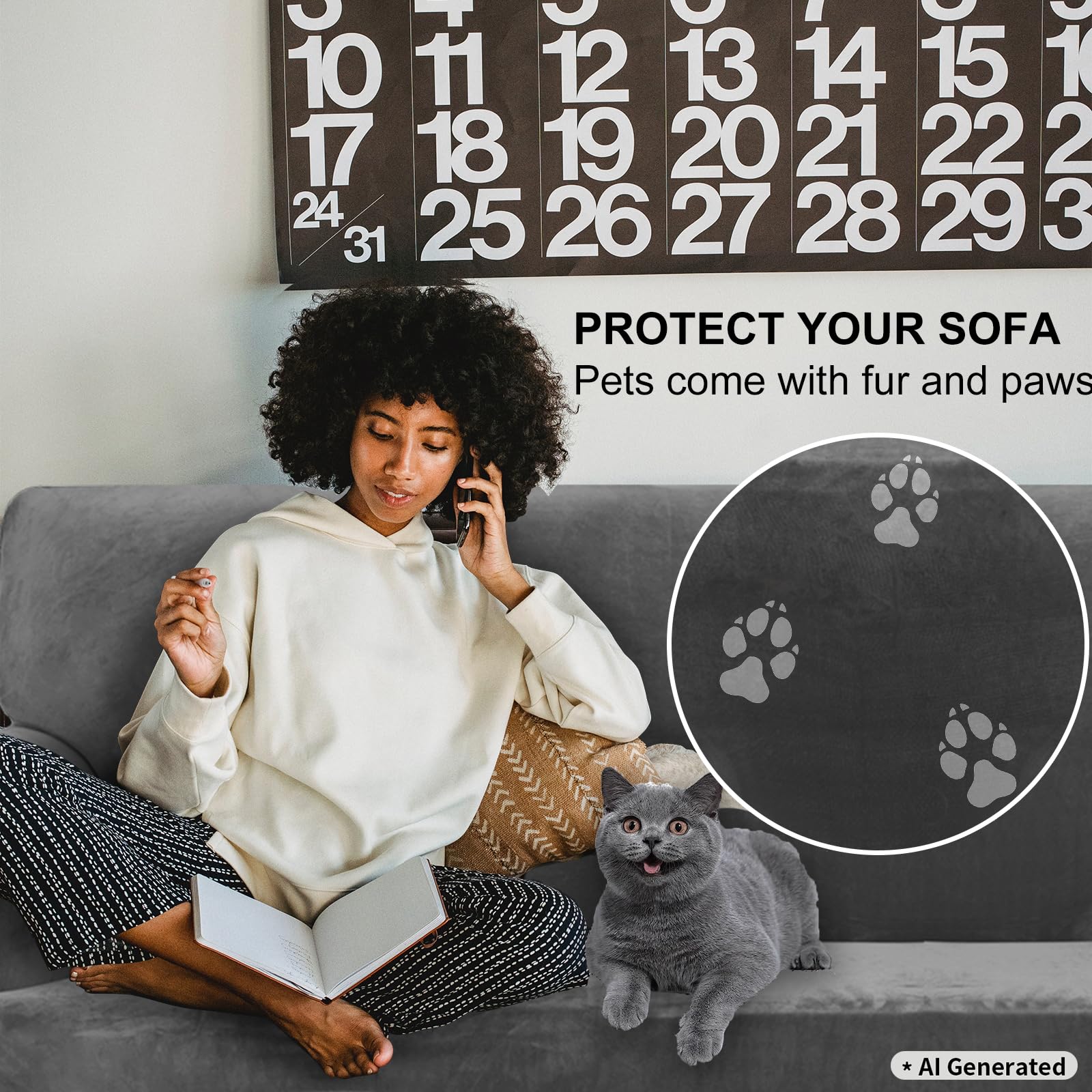 Ystyle Housse de Canapé en Velours, Housse de Canape 3 Places, Gris | Housse pour Canapé Extensible, Universelle Sofa Cover avec Accoudoirs, Protection Canapé Chat Chiens Griffures