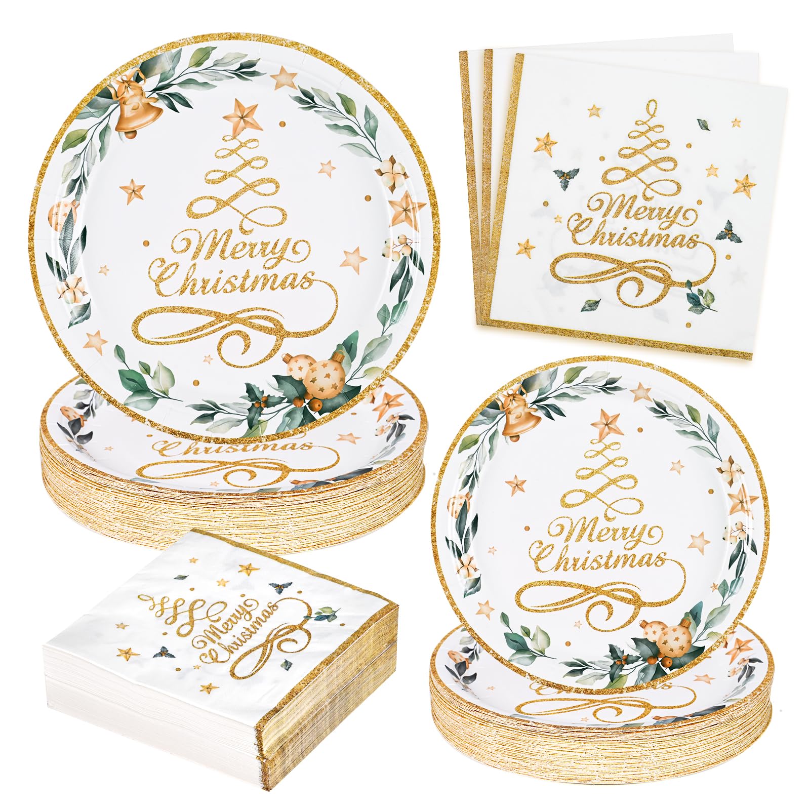 Homlouue 200 Pcs Christmas Paper Plates and Napkins, Christmas Tree Gold Plates and Napkins Disposable, Christmas Dinner Plates and Napkins Serve 50 Guest, Christmas Party Table Decorations