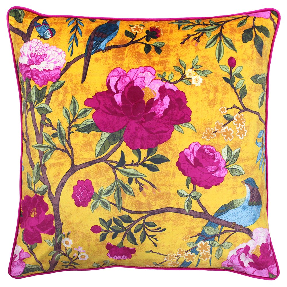 Paoletti Gold Chinoiserie Floral Printed Piped Cushion In | : 50Cm X 50Cm