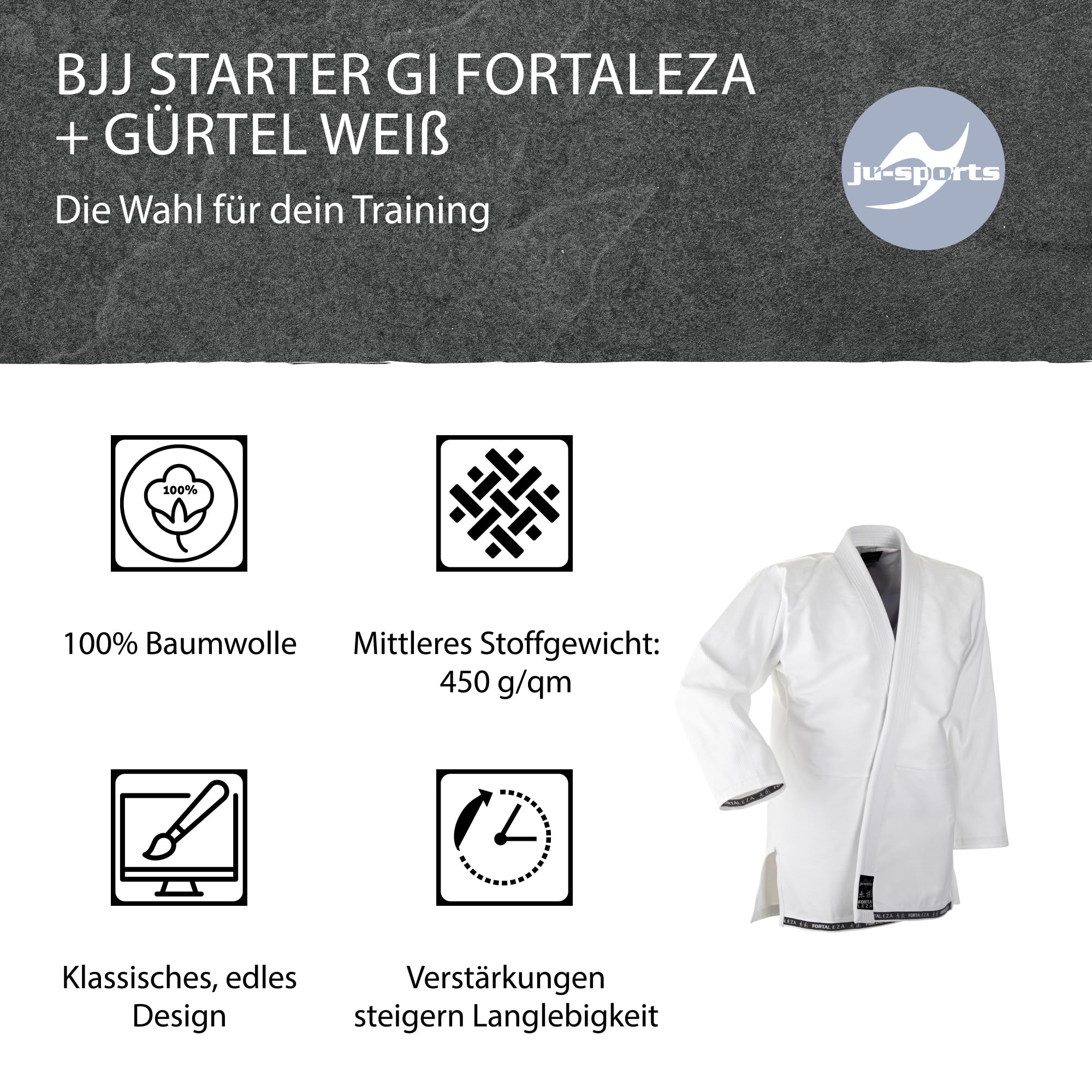 Ju-Sports Fortaleza BJJ Gi Herren weiß + BJJ Gürtel weiß - Leichter & schlank geschnittener Brazilian Jujutsu Anzug für Einsteiger 100% Baumwolle, Verstärkter Kniebereich