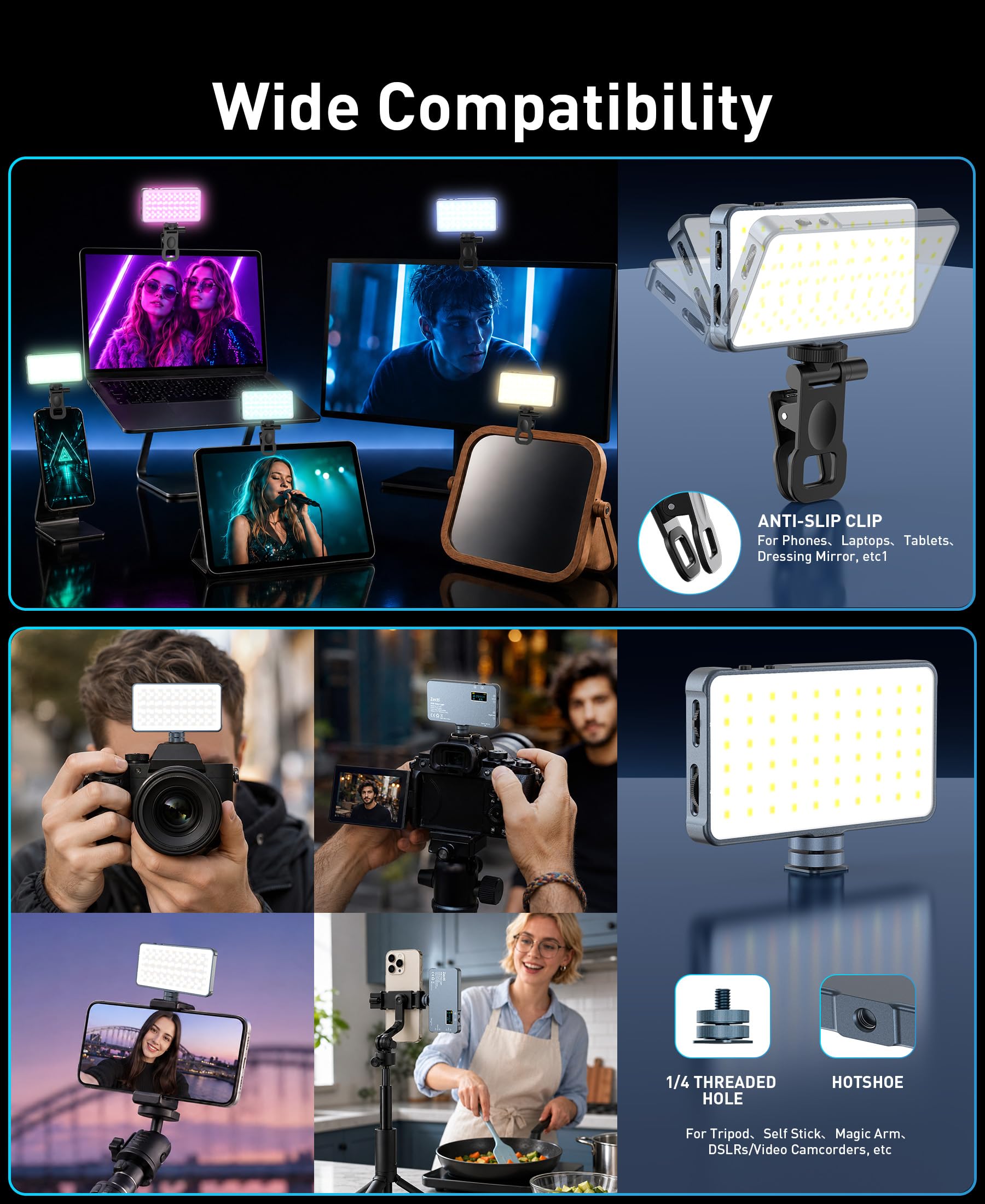Lampe Selfie, 96 LEDs avec Fixation Métallique et Pince, Batterie Rechargeable 1500mAh, 360° Couleurs RVB 21 Modes d'Éclairage pour Téléphones, iPhone, Ordinateurs, Caméras, Conférences Vidéo, TikTok