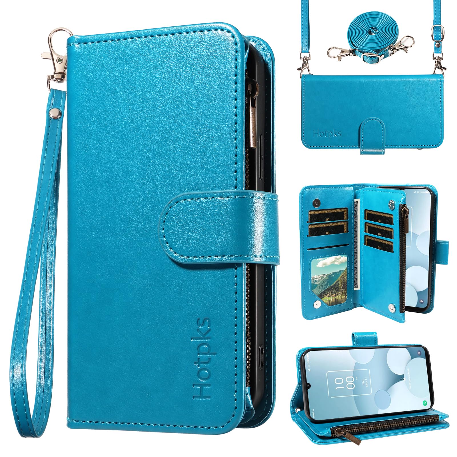 Hotpks Phone Case for TCL 40 XL / 40T / Lively Jitterbug Smart 4 Wallet Cell Cover with Crossbody Strap Shoulder Faux PU Leather Flip Zipper Credit