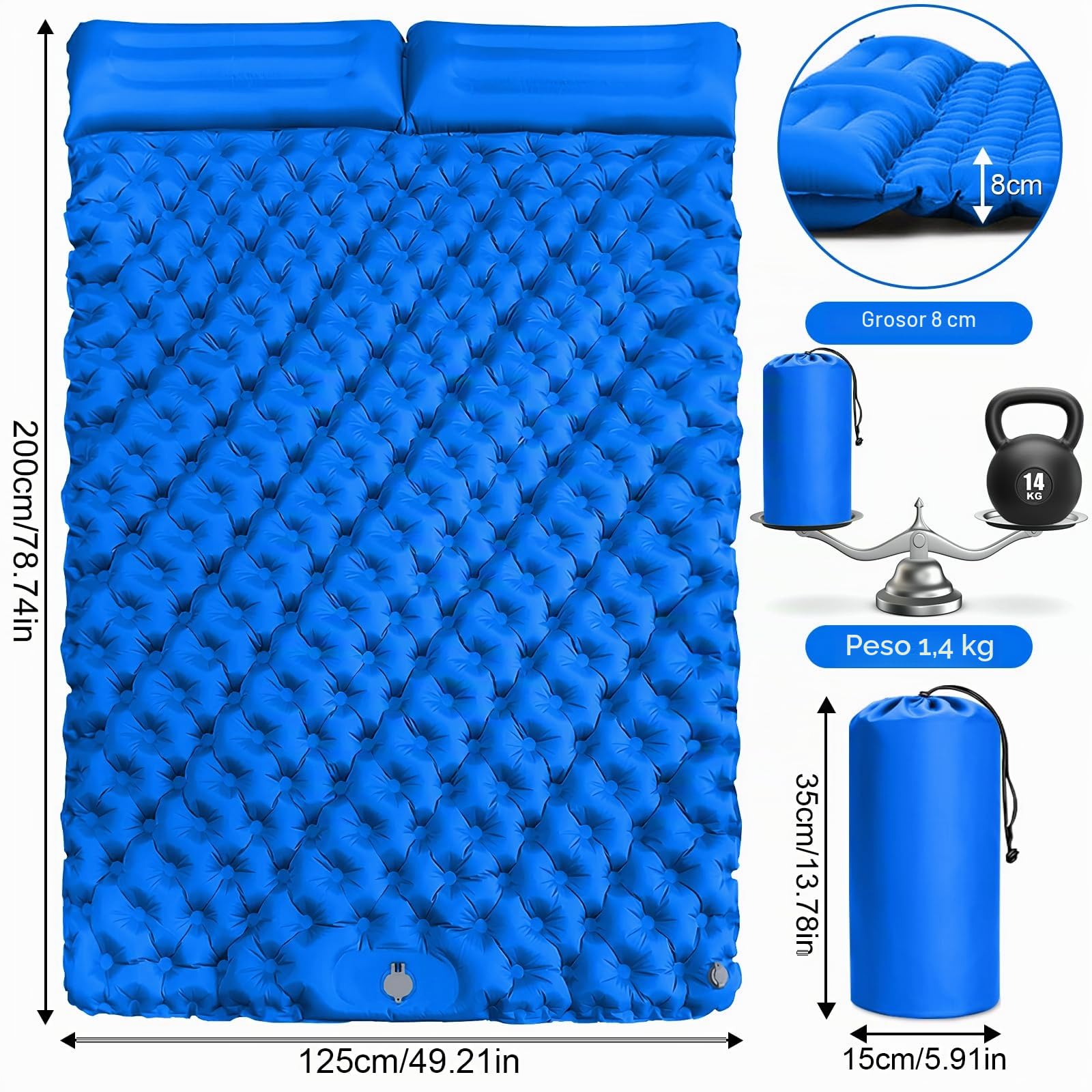 Colchón Camping 2 Personas, Colchoneta Camping Ampliado y Grueso, Esterilla Camping con Bomba de Pie Incorporada, Ultraligero Plegable Cama Hinchable, Ideal para Exteriores, Trekking, Playa