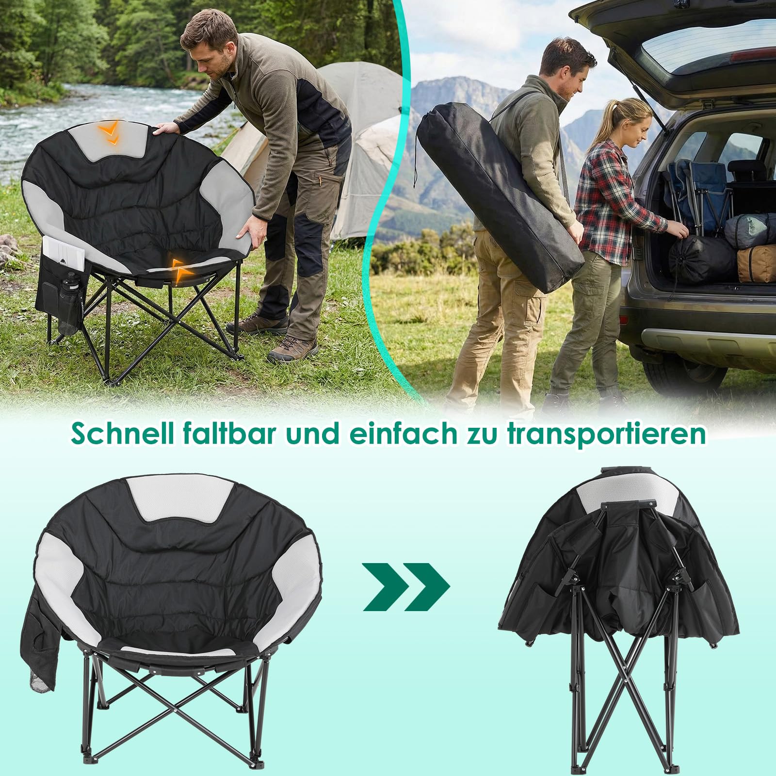 LIFERUN Sedia Pieghevole da Campeggio 150KG, Sedia da Campo Portatile, Moonchair XXL, con rete traspirante, Tasca Laterale, borsa per il trasporto, per Giardino, Spiaggia, Trekking, Pesca, Nero