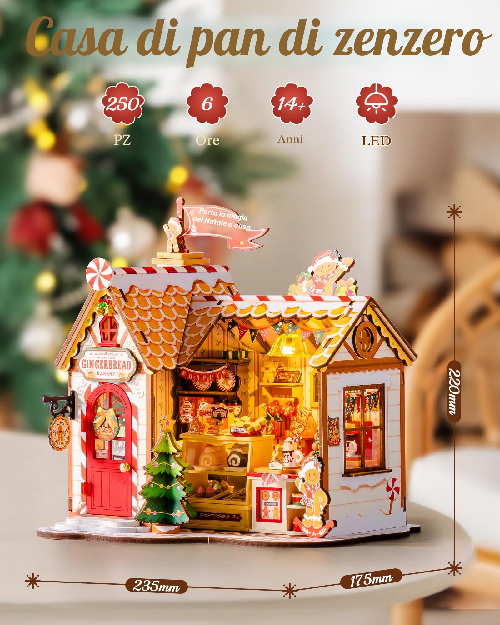 Rolife Casa delle Bambole di Natale Casetta Pan di Zenzero Kit Miniatura Fai-da-te Modello in Legno Decorazione Natalizia Regalo Creativo per Adulti e Ragazzi