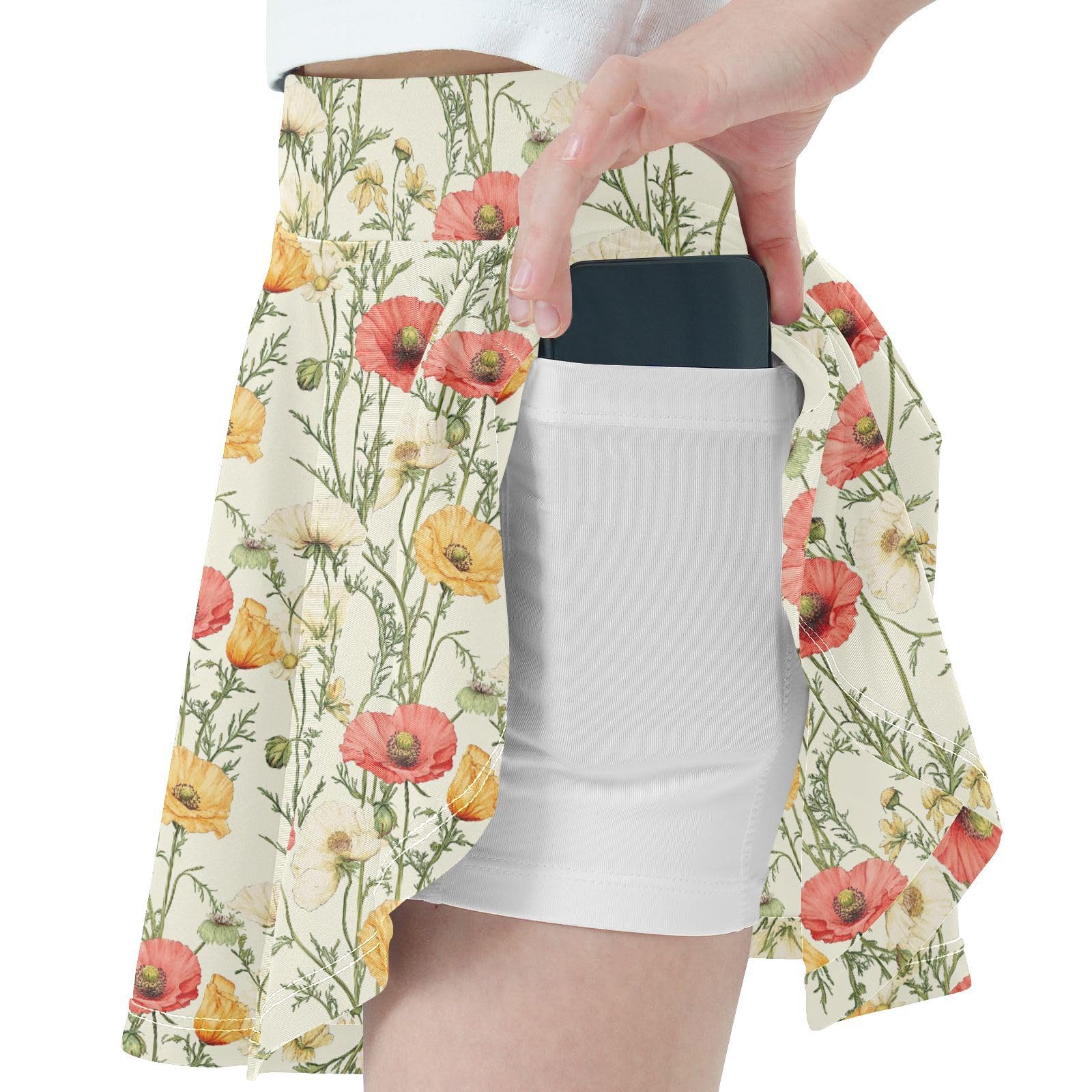 Cute Flowers Girls Tennis Skirts with Built in Shorts Kids Pleated Skirt with Pockets Flowy Girl Golf Skirt Beige