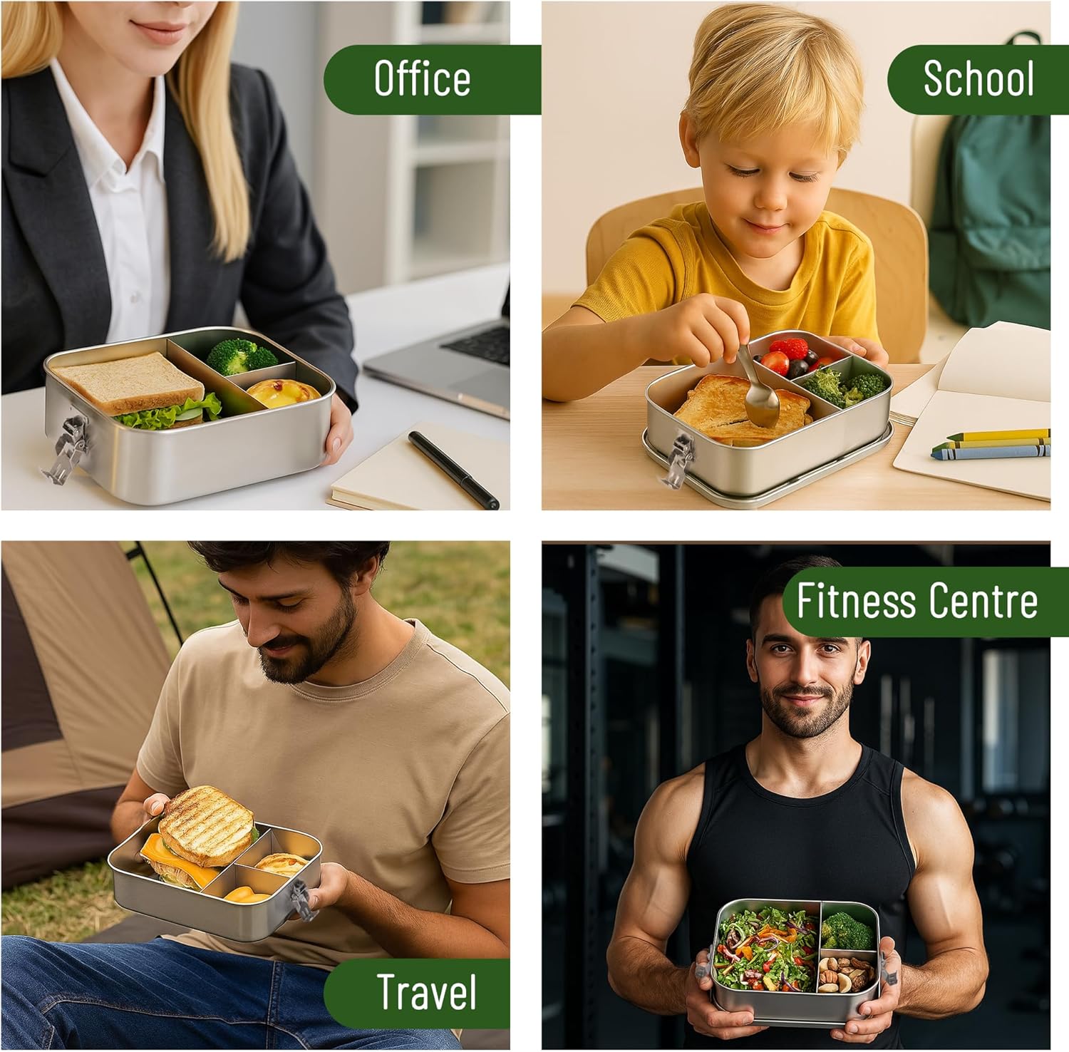 Bento Box for Kids, 1.5L/50oz Stainless Steel Snack Containers with 3 Compartments, Lockable Clip Kids Lunch Box, Eco-Friendly, Leak-proof, Dishwasher-Safe for Home, School, Travel - Image 7