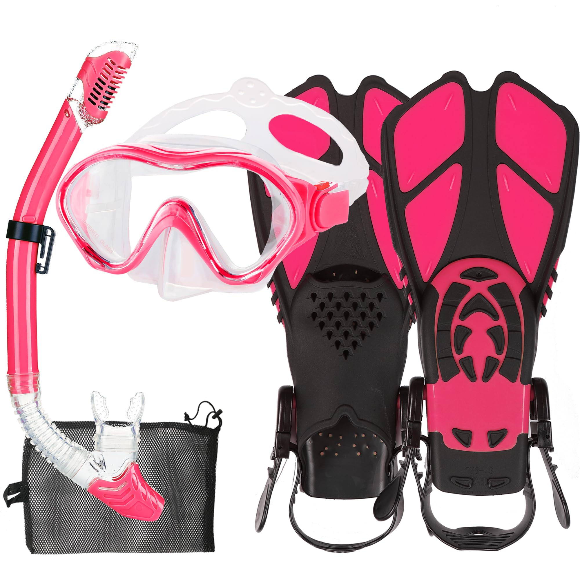 Juego de aletas de máscara para niños, paquetes de esnórquel, con máscara de buceo, esnórquel, aletas de natación ajustables, bolsa de malla, equipo de esnórquel antivaho y antifugas