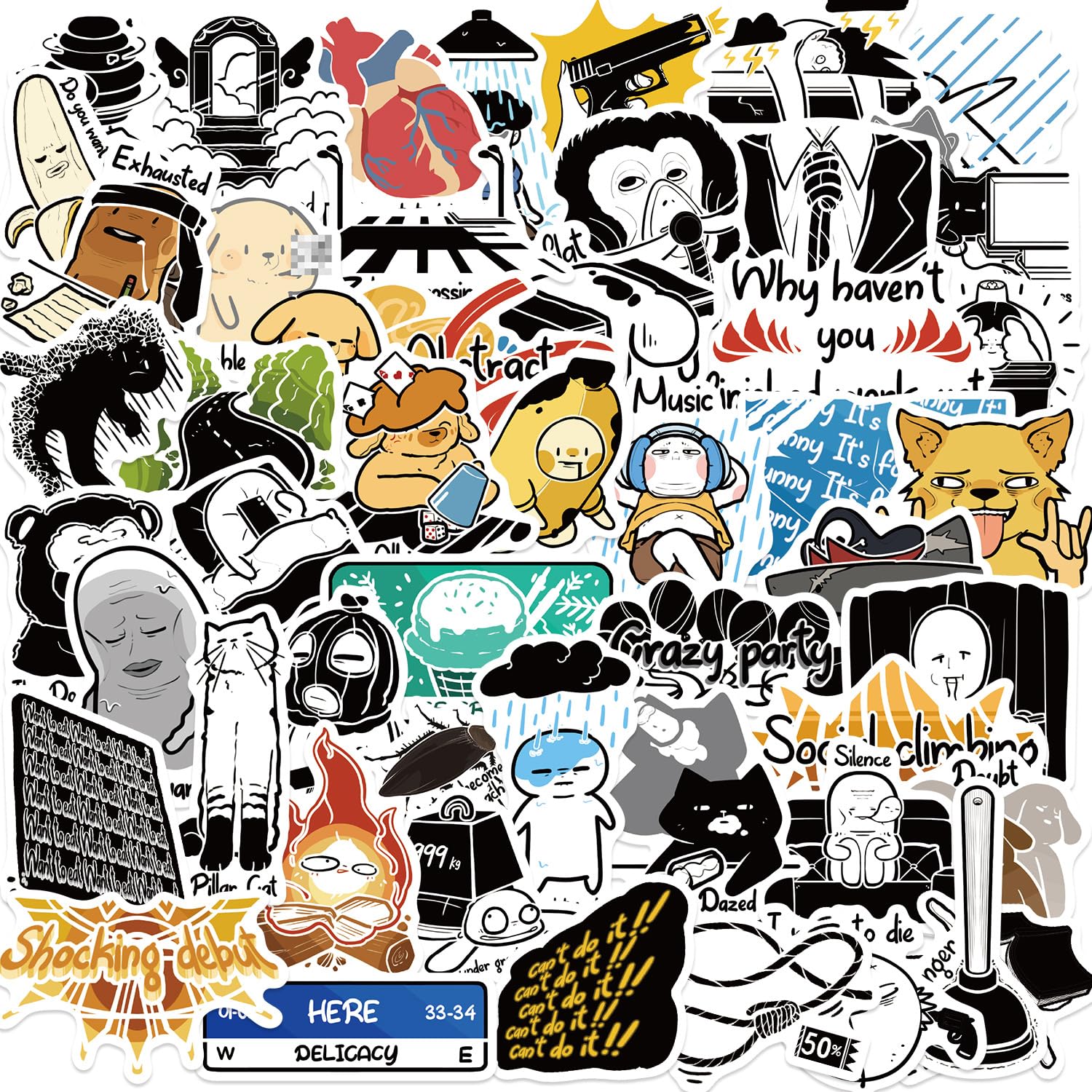 Pack of 50 Black and White Funny Cartoon Stickers Waterproof Self-Adhesive