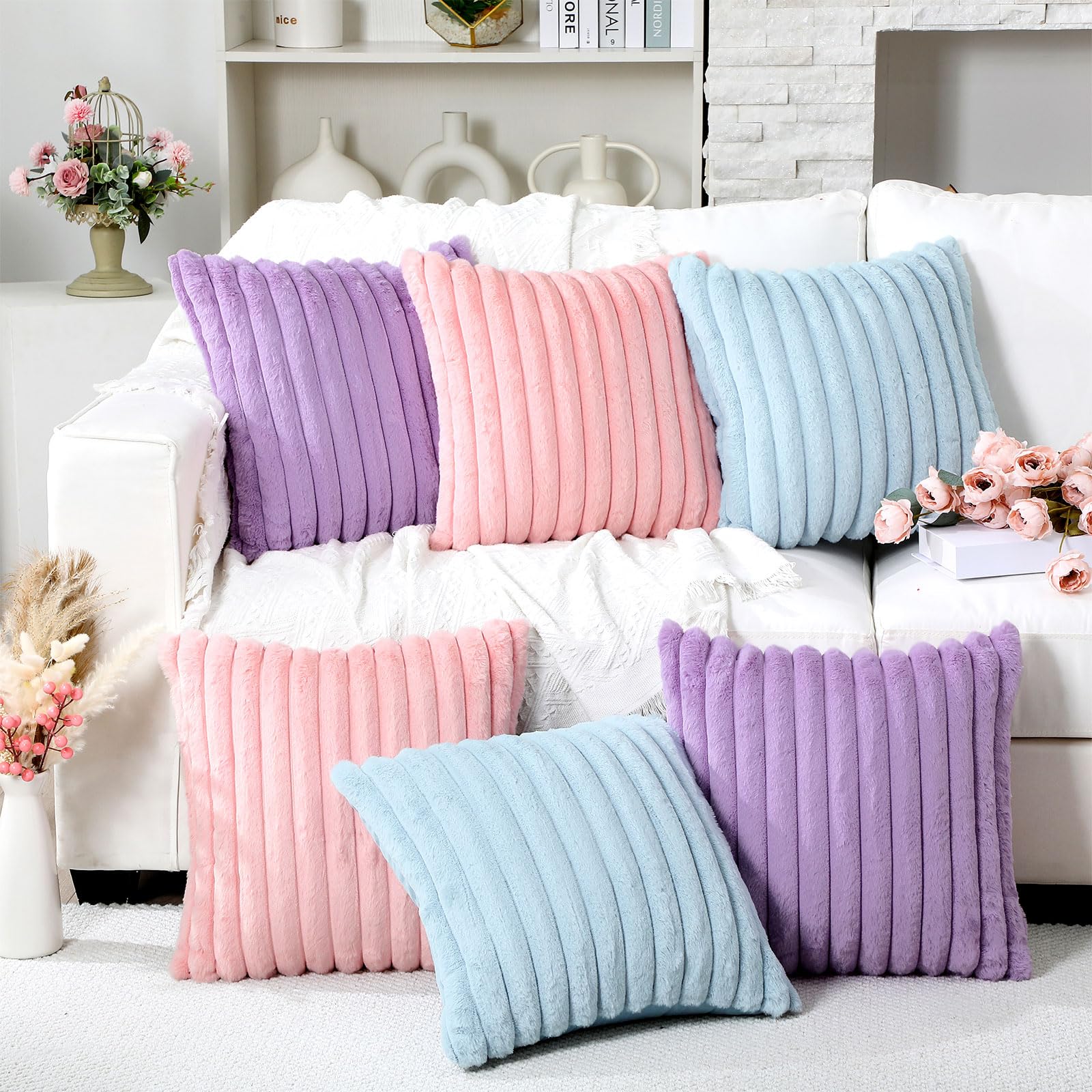 Mixweer 6 federe per cuscini in finta pelliccia, 45 x 45 cm, decorative a righe, morbide, per dormire, feste, divano, camera da letto, soggiorno (rosa, viola, blu)