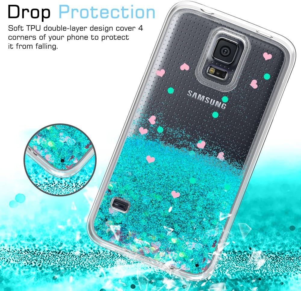 LeYi Galaxy S5 Case with Tempered Glass Screen Protector [2 Pack] for Girls Women, Bling Shiny Glitter Moving Quicksand Liquid Clear TPU Protective Phone Case for Galaxy S5 ZX Turquoise