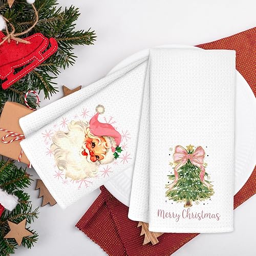 Miniatura 2 de Juego de 2 toallas de cocina con árbol de Navidad color rosa con Papá Noel, decoración de Navidad, toalla de cocina para cocina, toallas de mano