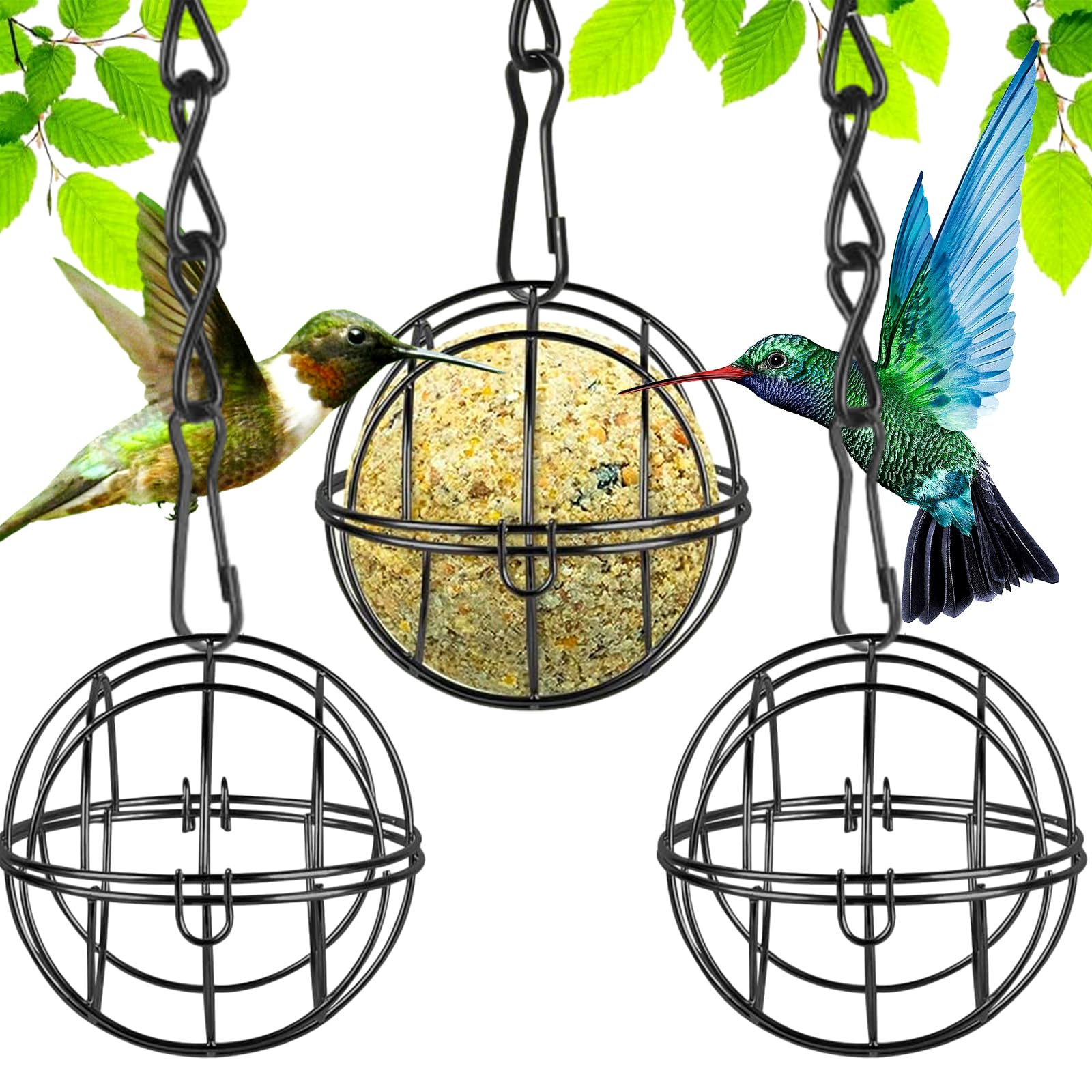 3 Piezas Comedero Pájaros Set, Comedero para Pájaros con Ganchos en Forma de S, Comedero Pájaros Bolas de Grasa Colgantes, Metal Negro Comedero Pájaros Bolas de Grasa para Colgar, Balcón