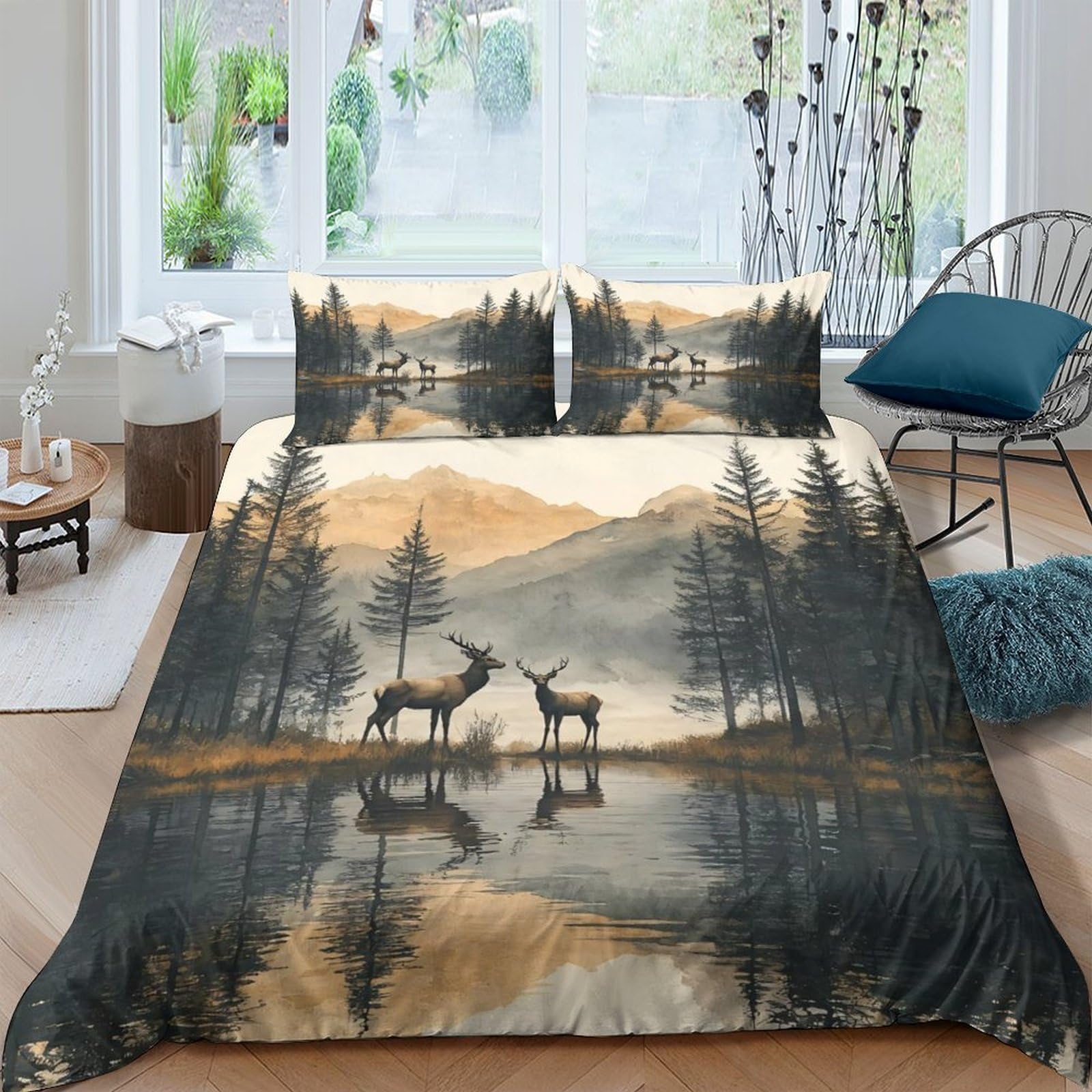 Ctjqhvkz Style-6 3D Printed Forest Deer Fitted Sheet Microfiber Soft Breathable Mountain Lake Bed Cover For Bedroom Guest Room Decor Single（135X200cm）
