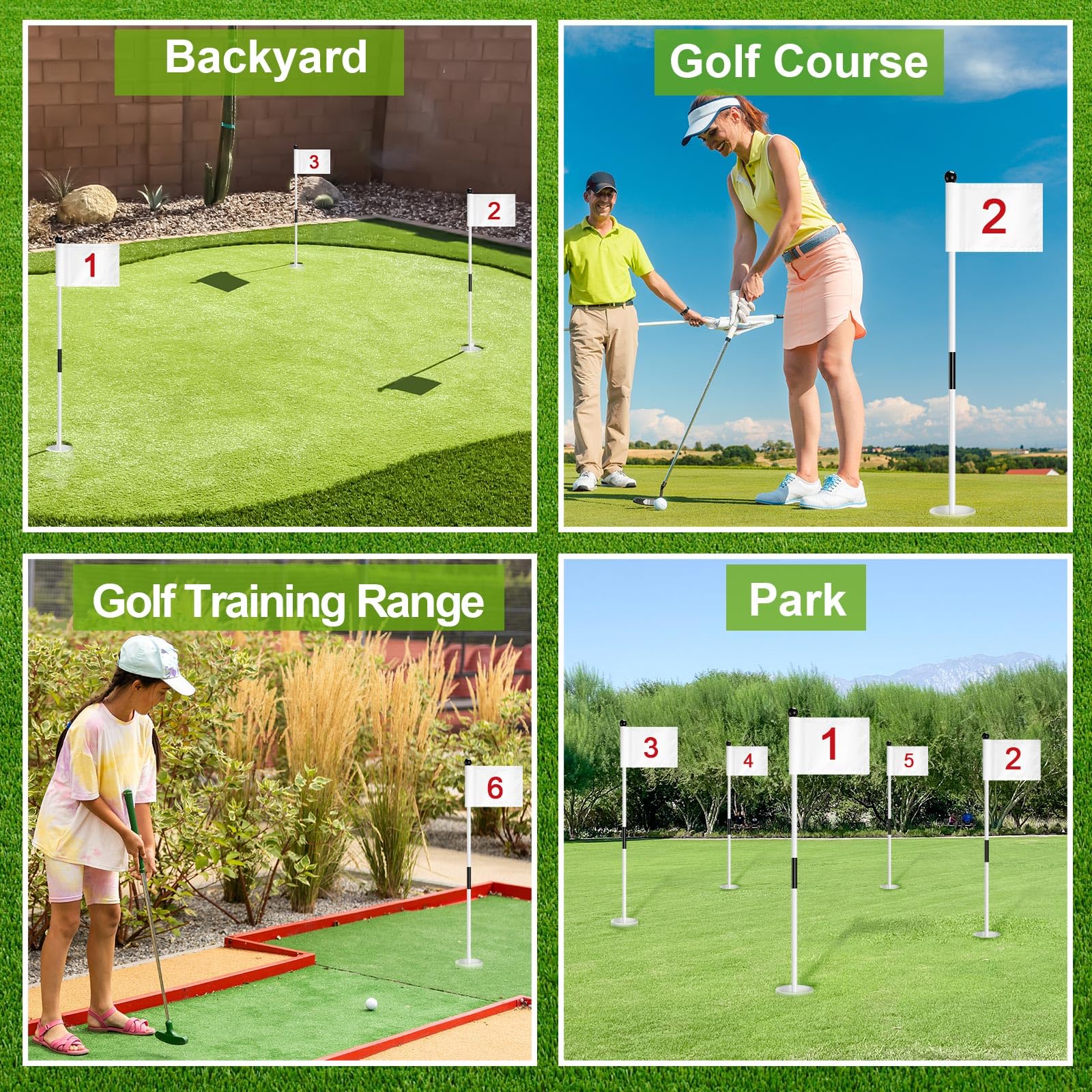 Hungdao Golfflaggenstäbe, Flaggen mit Bechern, grüne Flagge, Golfstangen-Pin, Flaggenmast, Golflochbecher, Nylon, tragbare Mini-Golfflaggenstäbe, 2 Abschnitte für Hof-Golfplatz, gemischt, 3 Stück