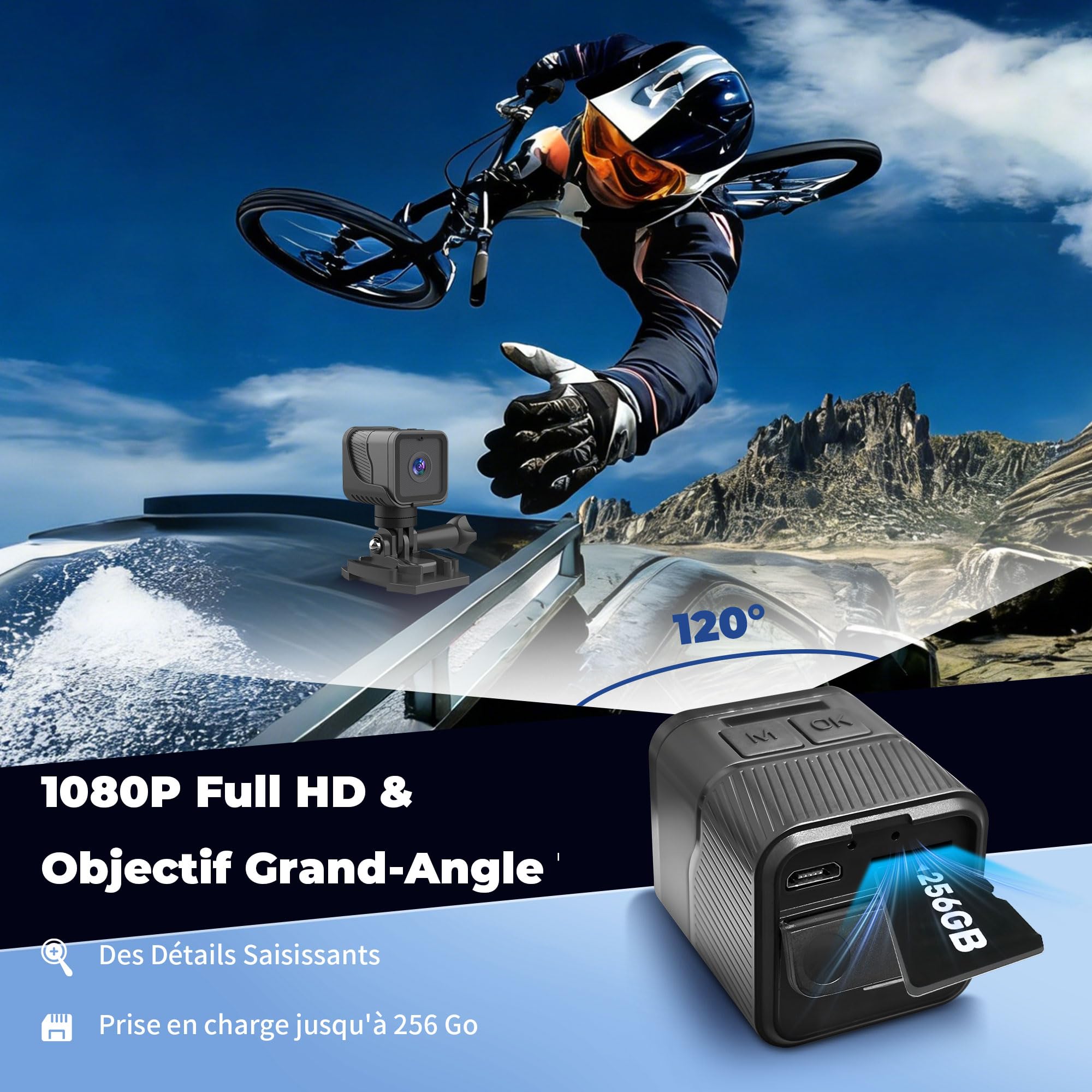 Caméra Sport 1080P WiFi, Camera de Sport, Dashcam Moto