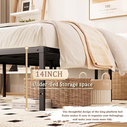 Miniatura 5 de Marco de cama tamaño Queen de 18 pulgadas, marcos de metal resistentes con listones de acero, soporte de amplio almacenamiento, no necesita somier,