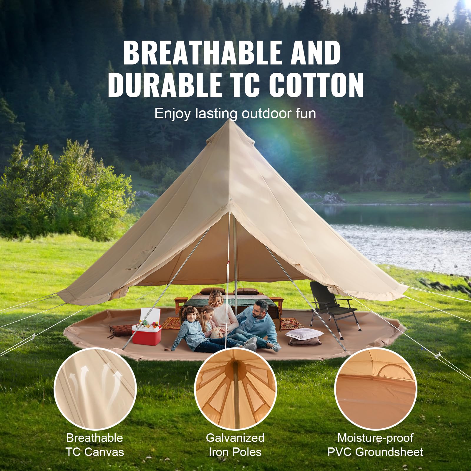 Happybuy Canvas Bell Tent, 7m/22.97ft 4-Season Yurt Tent with Stove Jack, Breathable Cotton Canvas for Family Camping, Outdoor Parties, Hunting, Holds 12 People