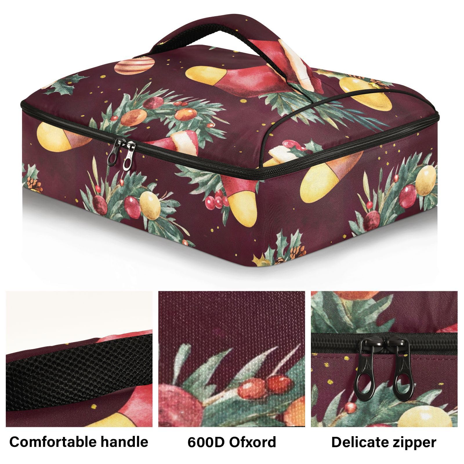 BOESI Doodle Christmas Stocking Pattern Insulated Casserole Dish Bag Lunch Bag Insulated Insulated Food Bag Reusable for Holding Hot and Cold Food Suitable for Potluck Parties/Picnics/Cookouts