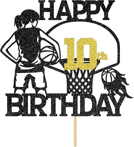 Miniatura 7 de Tivurcia Decoración de pastel de baloncesto con texto en inglés "Happy 10th Birthday", decoración de pasteles de felicitación a 10 años, temática