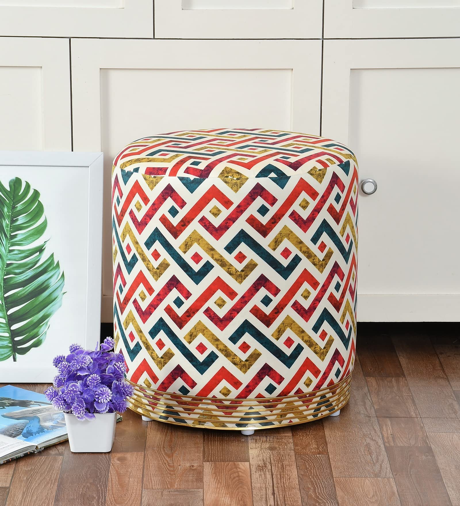RIANCE CREATIONS Velvet Ottoman Pouffes Seating Stool for Living Room | Puffy Stool Chairs for Bedroom & Office | Seating Furniture Footrest Seat with Printed Cushion (Zig-ZAG-POUFFE)